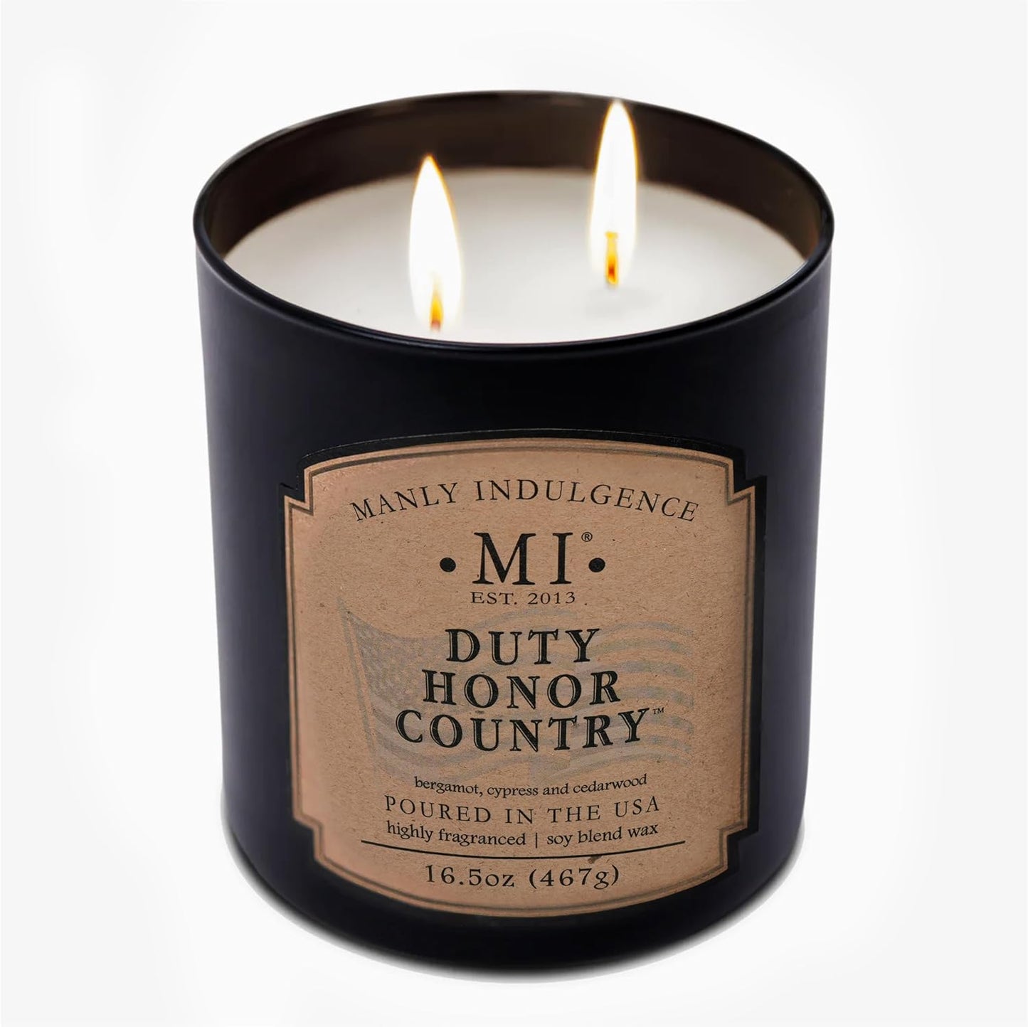 Manly Indulgence Duty Honor Country Scented Jar Candle, 2 Wick, 16.5 oz Premium Soy Blend Wax, 60H Burn, Candles for Home Scented - Made in The USA
