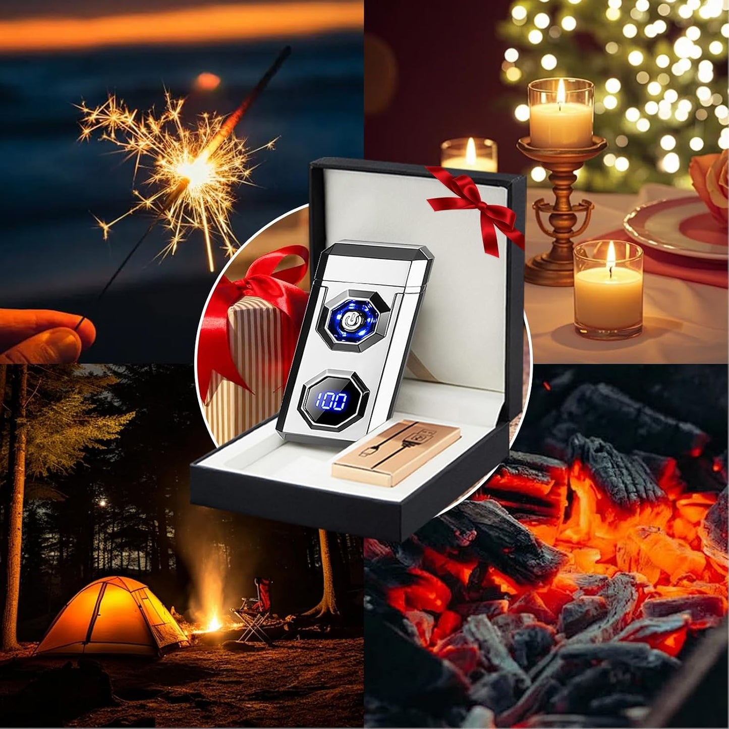 BABOBIU High-Power Arc Lighter - USB Rechargeable Windproof, Zinc Alloy Body with Battery & Ignition Display, Tactical EDC Gear for Home Use, Camping, Candle Lighting (Silver)