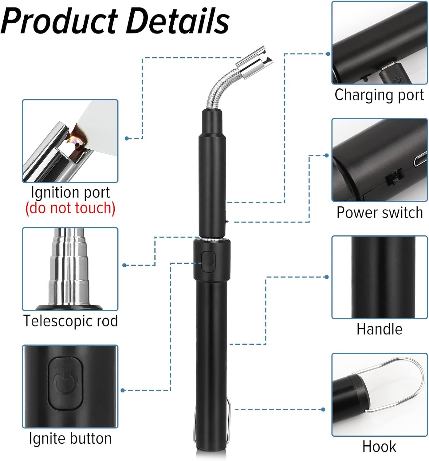 Electric Arc Flexible Neck Long Lighter,Retractable Length 11.4in to 27.55in,Rechargeable Windproof USB Lighter,360° Rotated Ignition Port, Lighters for Candle Fireplace Pilot Light BBQ Grill Black