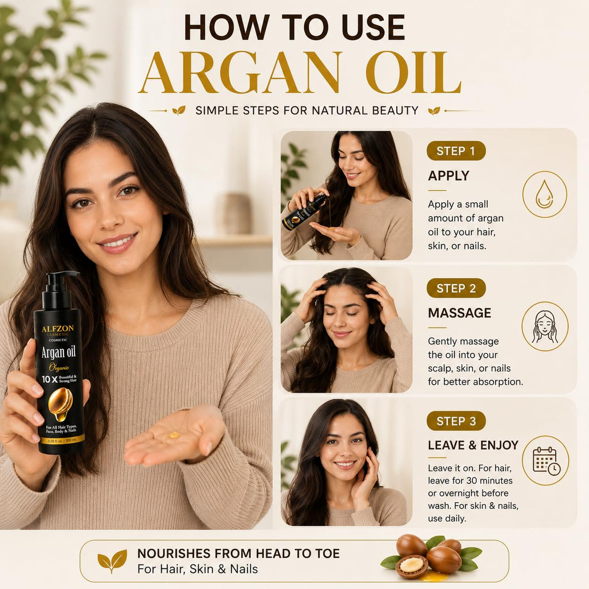 Moroccan Argan Oil for Hair, Face &amp; Skin, 100% Pure, Cold Pressed, 3.38 oz