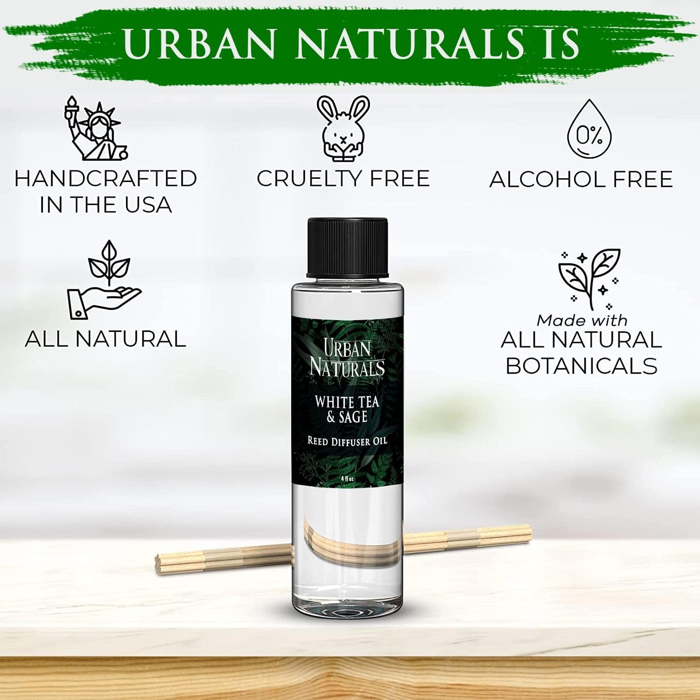 Urban Naturals Reed Diffuser Oil Refill White Tea & Sage, Sparkling Bergamot, Fresh Sage, 4 oz + Free Reed Sticks, Made in the USA