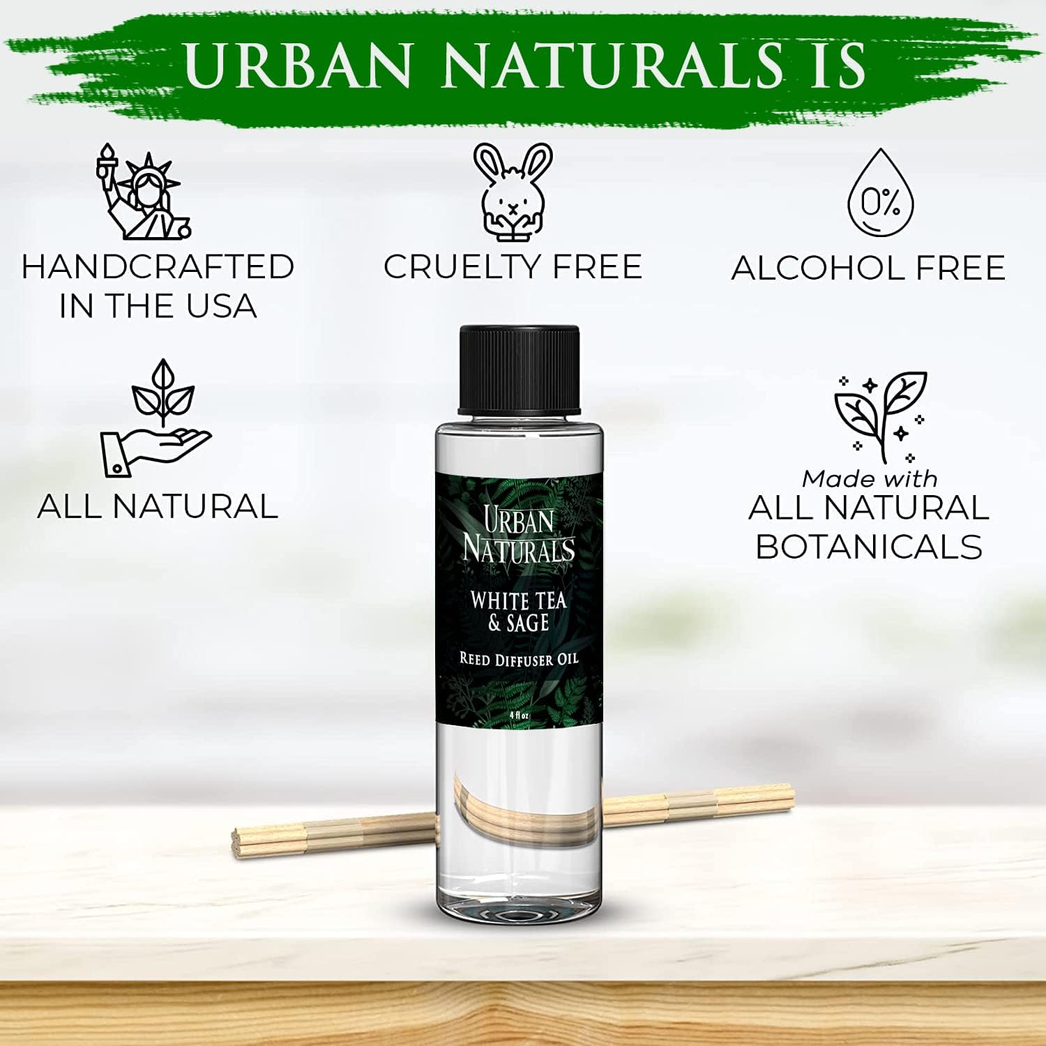 Urban Naturals Reed Diffuser Oil Refill White Tea & Sage, Sparkling Bergamot, Fresh Sage, 4 oz + Free Reed Sticks, Made in the USA