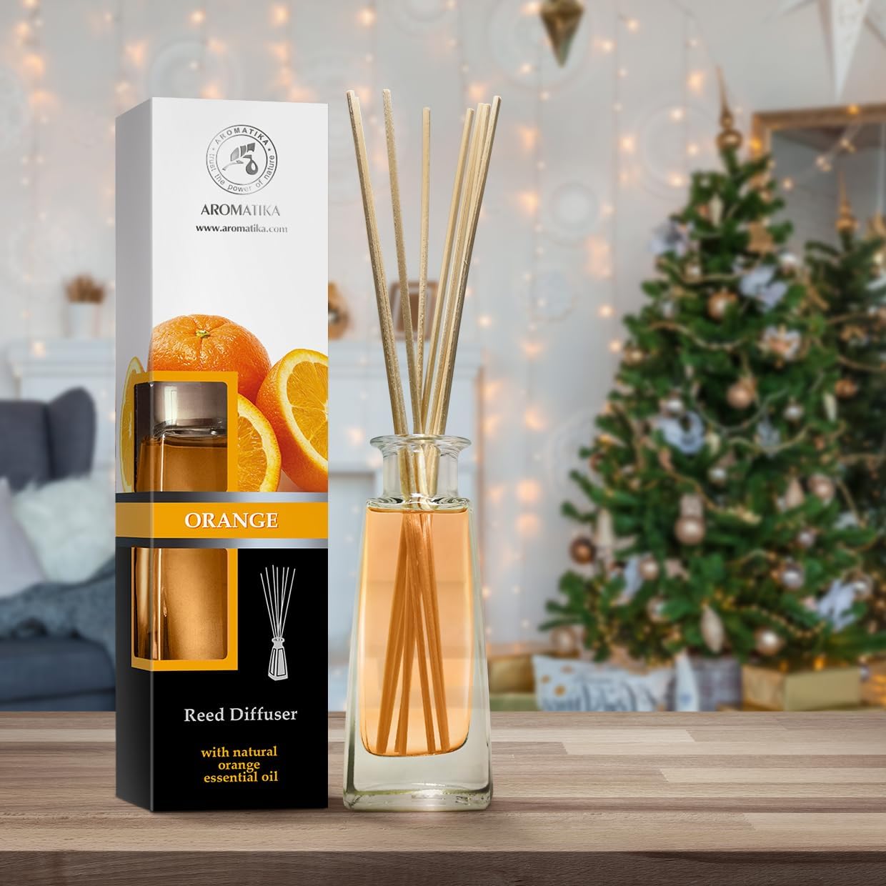 Orange Diffuser w/Orange Oil 3.4 Fl Oz - Fresh Room - Long Lasting Fragrance - Scented Reed Diffuser Orange - Diffuser Gift Set - for Aromatherapy - Home - Orange Essential Oil Diffuser by AROMATIKA
