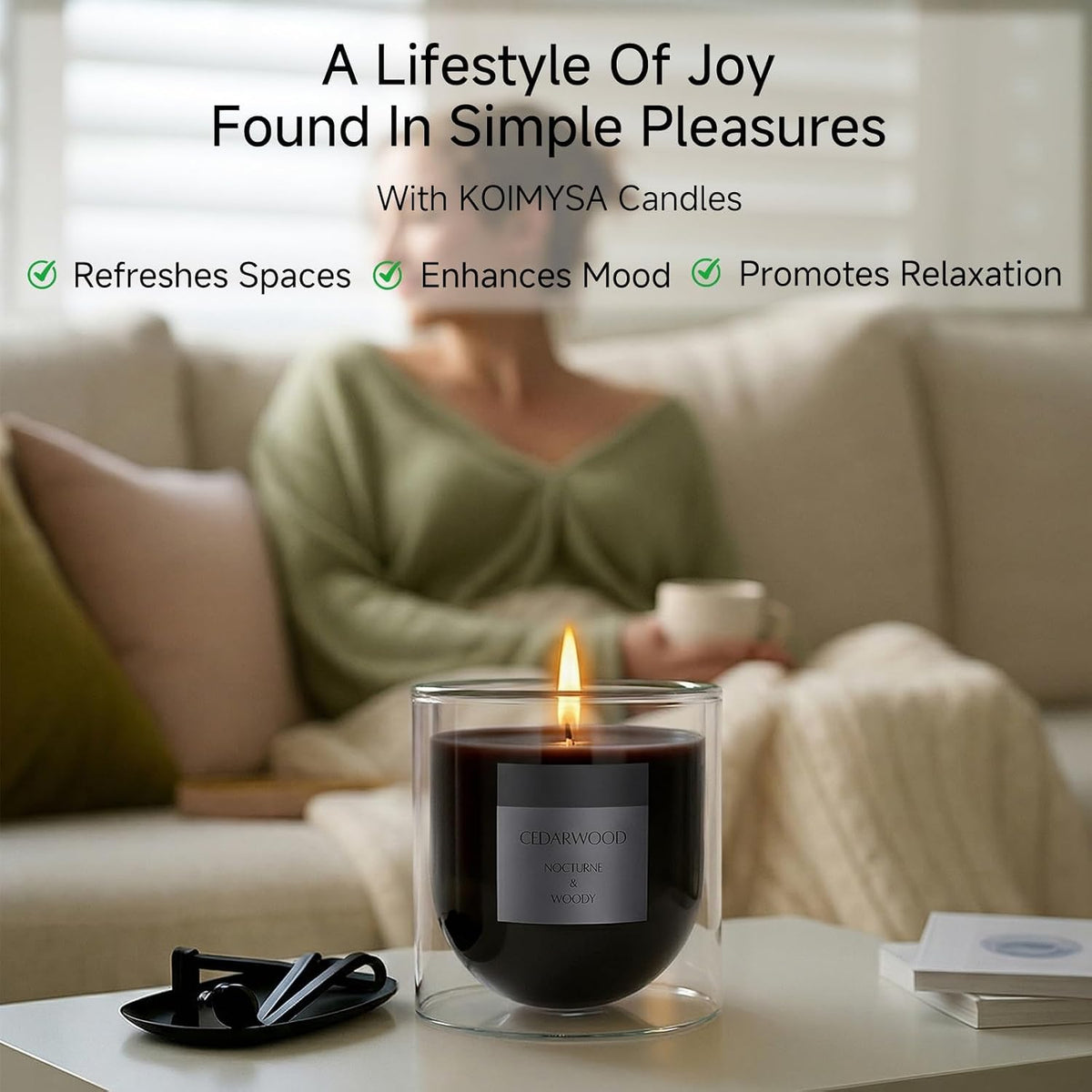 Cedar and Pine Scented Black Candle for Women Mens, Soy Wax Non Toxic