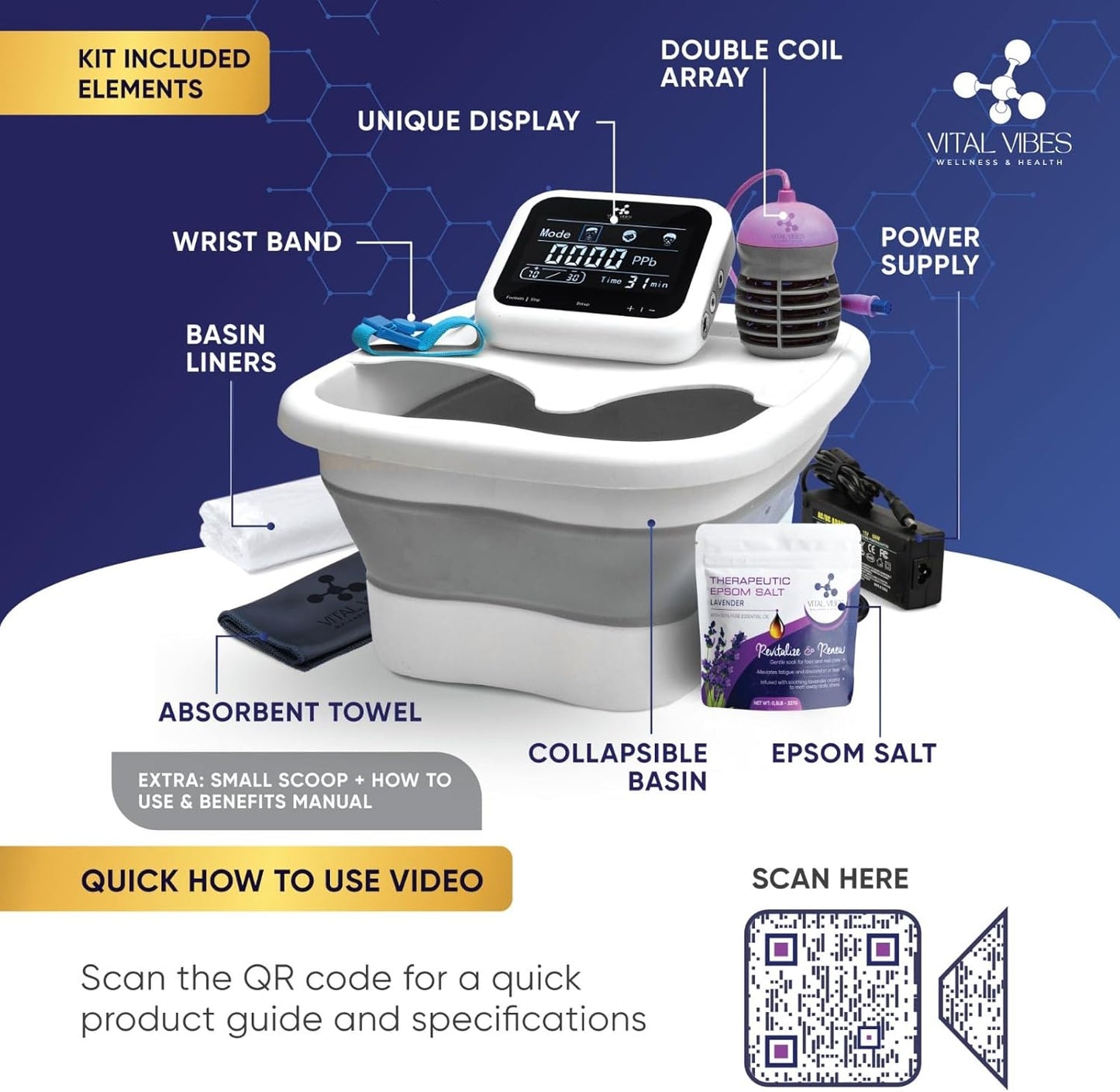 Vital Vibes Ultimate Ionic Foot Bath Detox Machine - Foot Detox Machine for Spa Bath with Touch Display - Epsom Salt & Towel - Collapsible Soaking tub -2 Powerful Array- Ion Wristband-Tub Liners