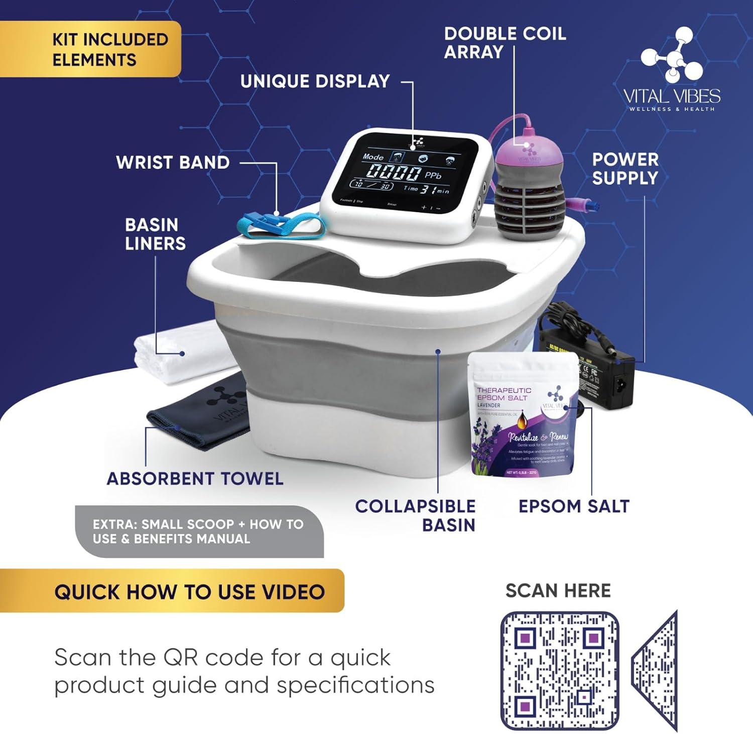 Vital Vibes Ultimate Ionic Foot Bath Detox Machine - Foot Detox Machine for Spa Bath with Touch Display - Epsom Salt & Towel - Collapsible Soaking tub -2 Powerful Array- Ion Wristband-Tub Liners