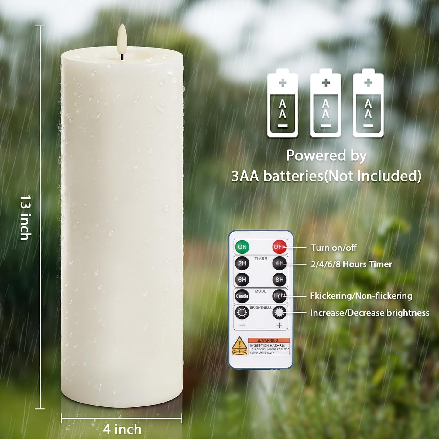 Homemory Outdoor Waterproof Flameless LED Candles 4" x 12", Battery Operated Large Pillar Candles with Remote & Timer, Long Lasting for Outdoor Lanterns & Patio, White, Set of 2