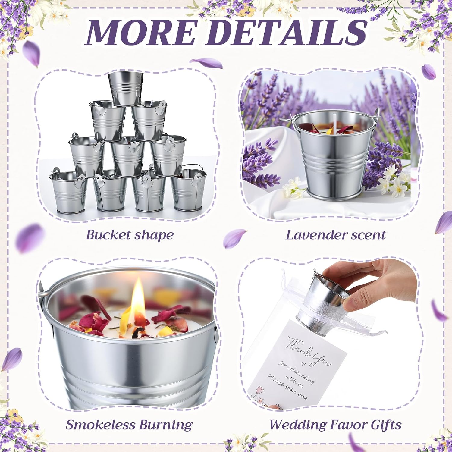 Treela 24 Sets Scented Candle Gift Mini 1.8 oz Lavender Soy Wax Iron Bucket Aromatherapy Candle with Dried Flower Thank You Card for Baby Shower Bridal Wedding Birthday Party Favor Guest