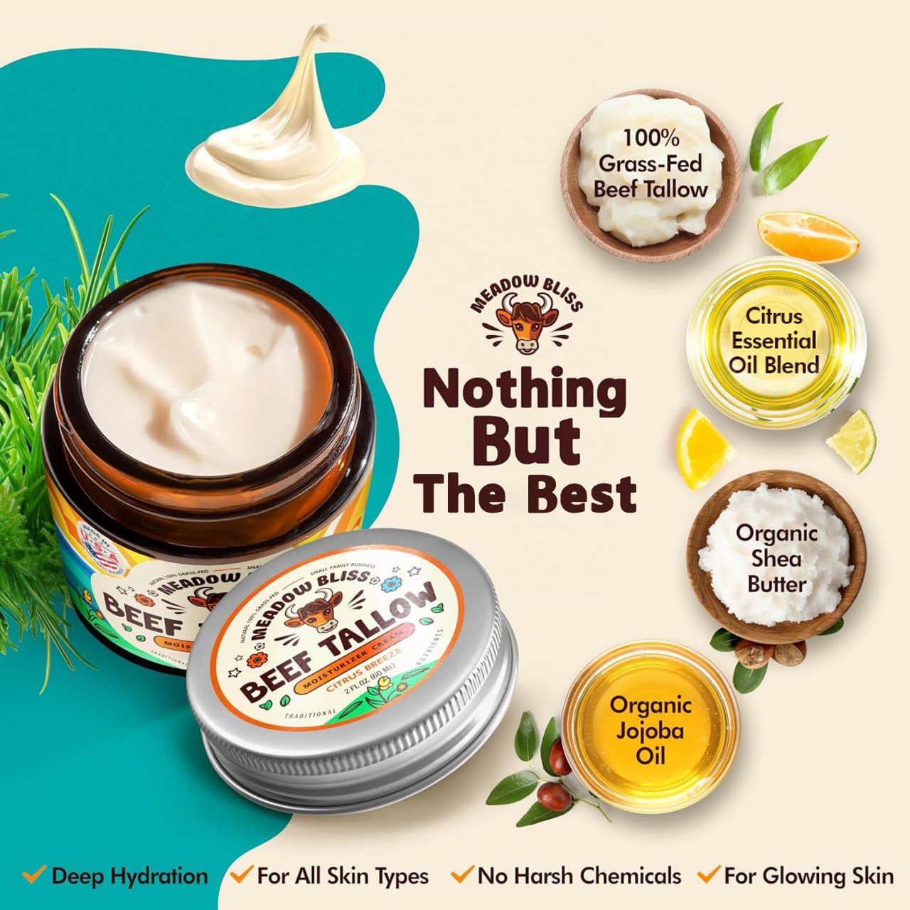 Beef Tallow for Skin - Moisturizer Cream - 100% Grass Fed - Whipped Beef Tallow - Organic Jojoba Oil - Organic Shea Butter - Supports Eczema, Rosacea+ - Made in USA - Citrus Breeze - 2 oz