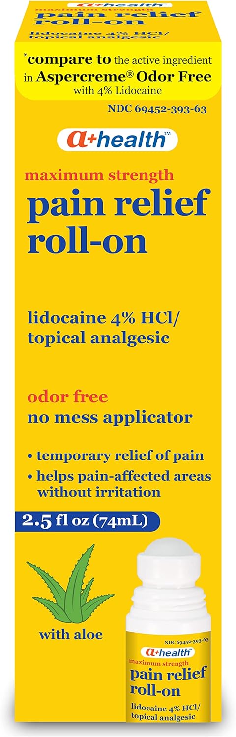 A+Health Pain Relief Roll-On Liquid, Lidocaine 4%, Odor Free, Maximum Strength Pain + Itch Relief with Aloe, Made in USA, 2.5 fl Ounces