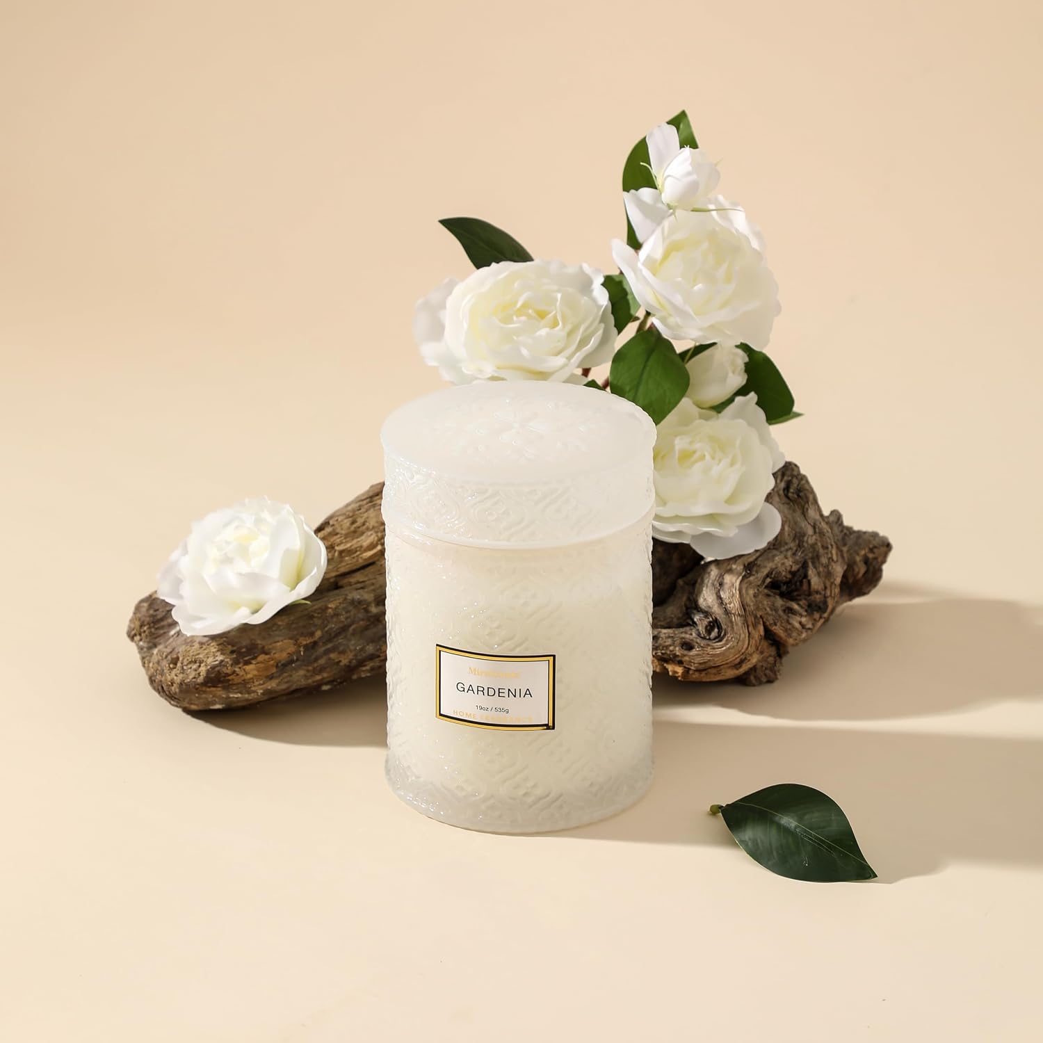 Gardenia Candle - White Floral Fragrance | 19 oz Large Soy Wax Candle in Embossed Glass Jar | Long Lasting Decorative Candle for Home Decor Gift for Women
