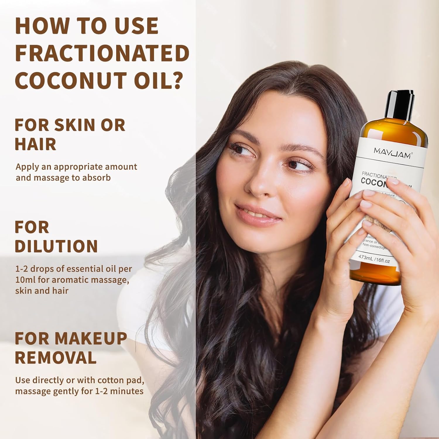 MAYJAM Organic Fractionated Coconut Oils Liquid 16oz, 100% Pure & Natural USDA Certified Cold Pressed Coconut Carrier Oil for Face Skin & Hair Moisturizing, Body Massage Oil for Essential Oils Mixing
