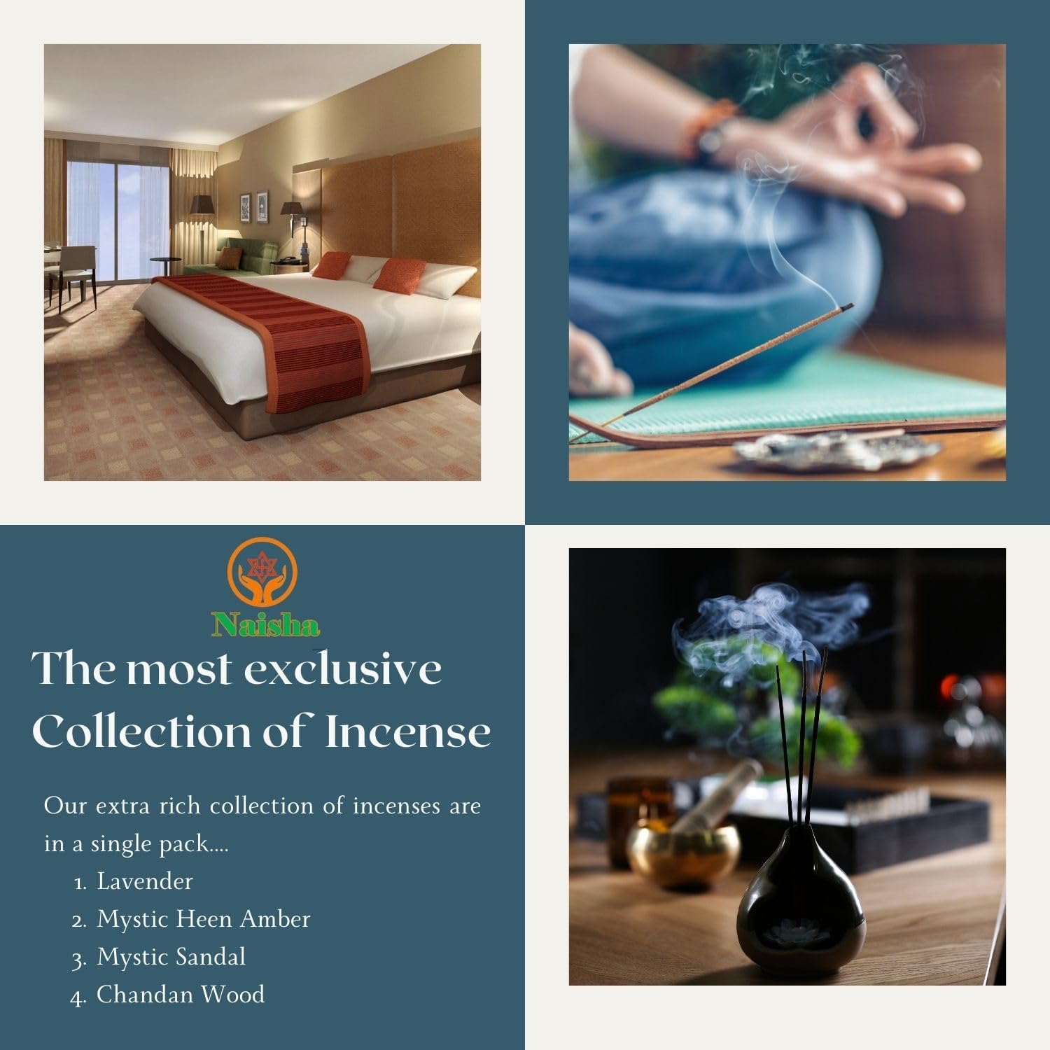 Naisha Incense Sticks Set of 4 (50 Gm Each) Spiritual Gift for Purification & Meditation, Indian Aromatherapy Set, Mystic Lavender, Mystic HeenAmber, Mystic Sandal, Chandan Wood (Mystic Mood)