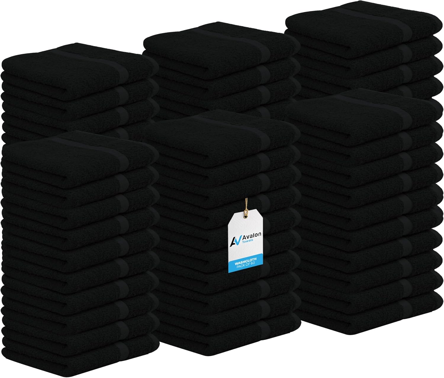 Avalon Towels Cotton Washcloths – (Pack of 60) Size 12x12 Inches, 100% Ring Spun Cotton, Soft & Absorbent Face Towels, Gym Towels, Hotel and Spa Quality, Reusable Fingertip Towels (Black)