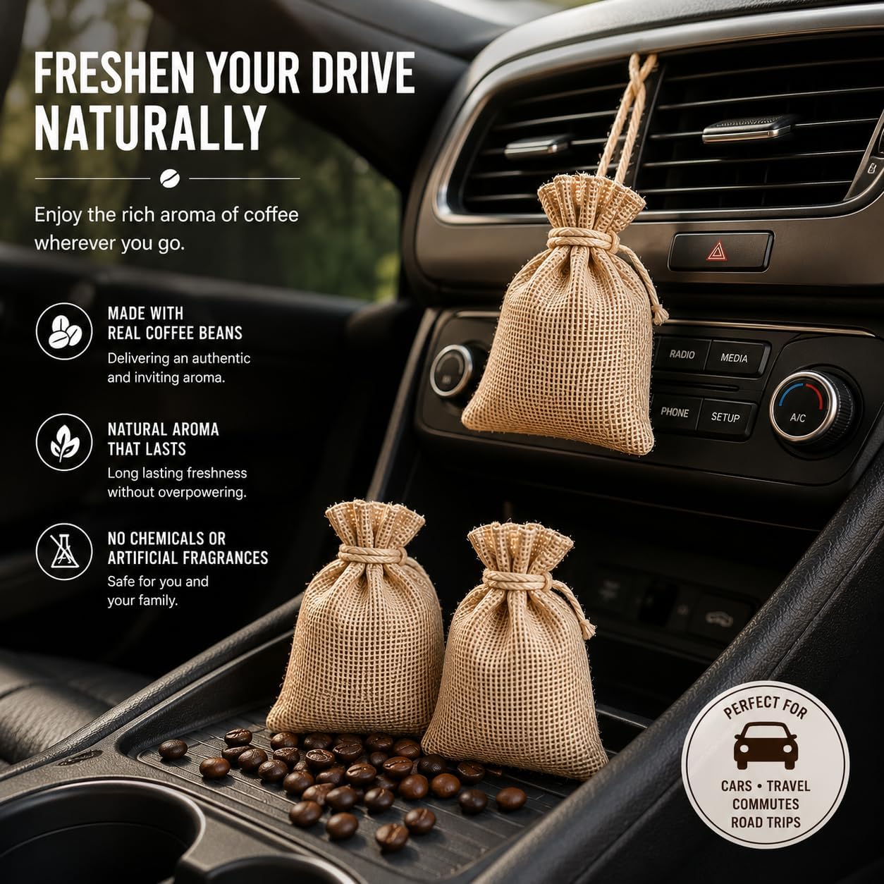 Coffee Scented Bags, Natural Coffee Aroma Air Freshener, Made with Real Beans, Long Lasting Fragrance, for Closets, Cars and Drawers, 3 Pack