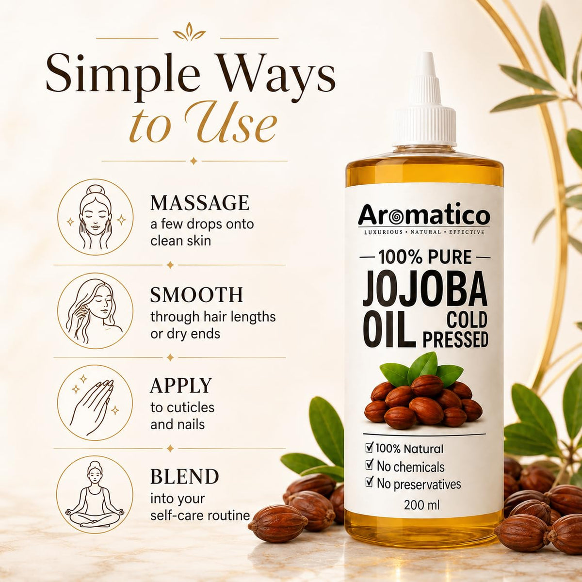 Aromatico Jojoba Oil, Cold Pressed Oil for Hair, Skin &amp; Nails, 7 Fl Oz