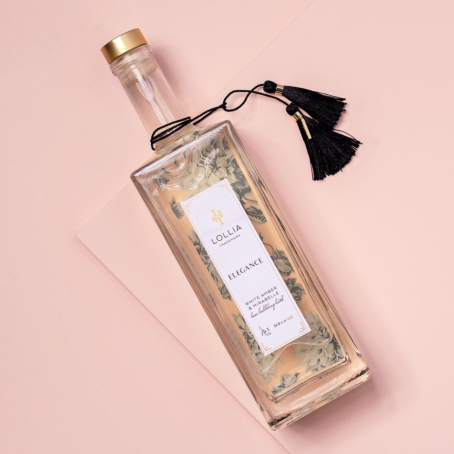 LOLLIA Elegance Bubble Bath, 24.8 fl oz / 733 ml, White Amber & Mirabelle Scent, Relaxing & Hydrating Bubble Skin Care for Women, Luxury Beauty Body Care, At Home Spa Experience, Glass Bottle