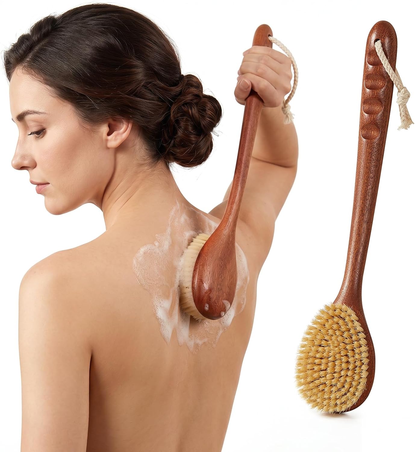Dry Brushing Body Brush, 16Inch Long Handle Natural Back Scrubber for Shower for Lymphatic Drainage, Exfoliating & Cellulite - Wood Shower Brush for Men, Women & Elderly