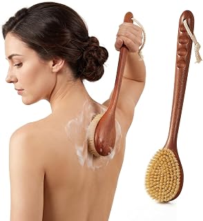 Dry Brushing Body Brush, 16Inch Long Handle Natural Back Scrubber for Shower for Lymphatic Drainage, Exfoliating & Cellulite - Wood Shower Brush for Men, Women & Elderly