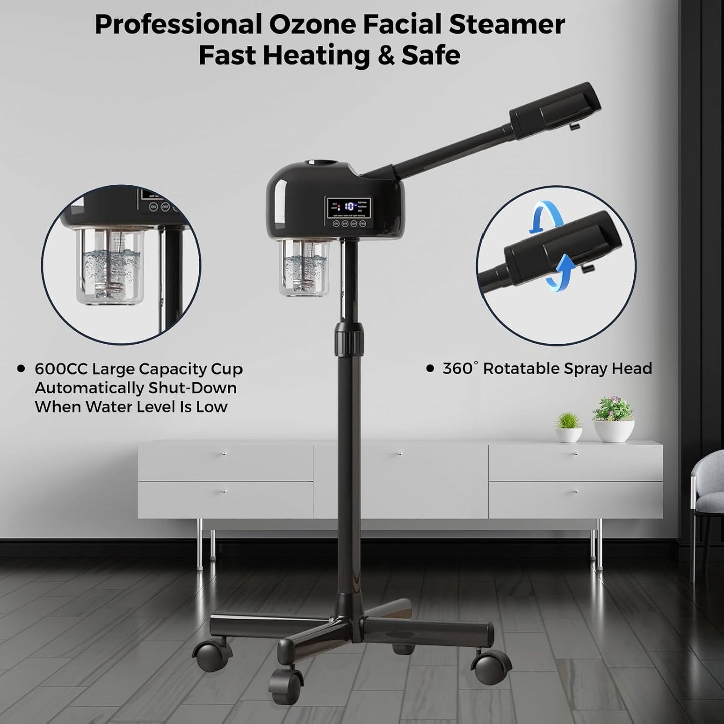 Facial Steamer for Estheticians, Timer Function & Hot Mist, Vaporizador Facial Steamer Professional On Wheels for Home Use & Spa Salon Skin Cleasning