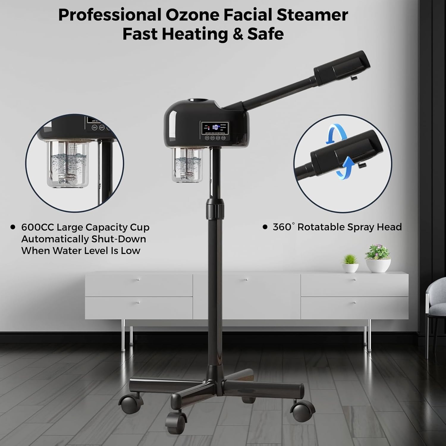 Facial Steamer for Estheticians, Timer Function & Hot Mist, Vaporizador Facial Steamer Professional On Wheels for Home Use & Spa Salon Skin Cleasning