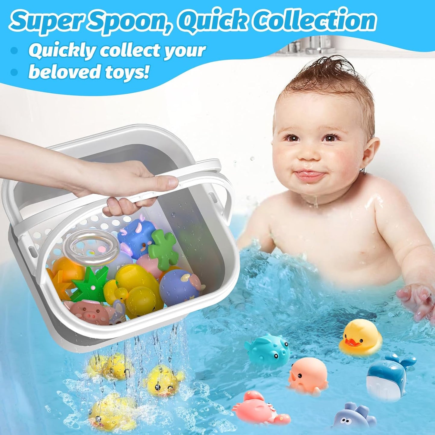 Anivia Foldable-Bath-Toy-Storage-Organizer, Bath Toy Holder with Base, Quick-Drain-Drying Bathtub Toy Storage/Basket, Stand Up Bathroom Shower Toys Holder for Kids - Gray