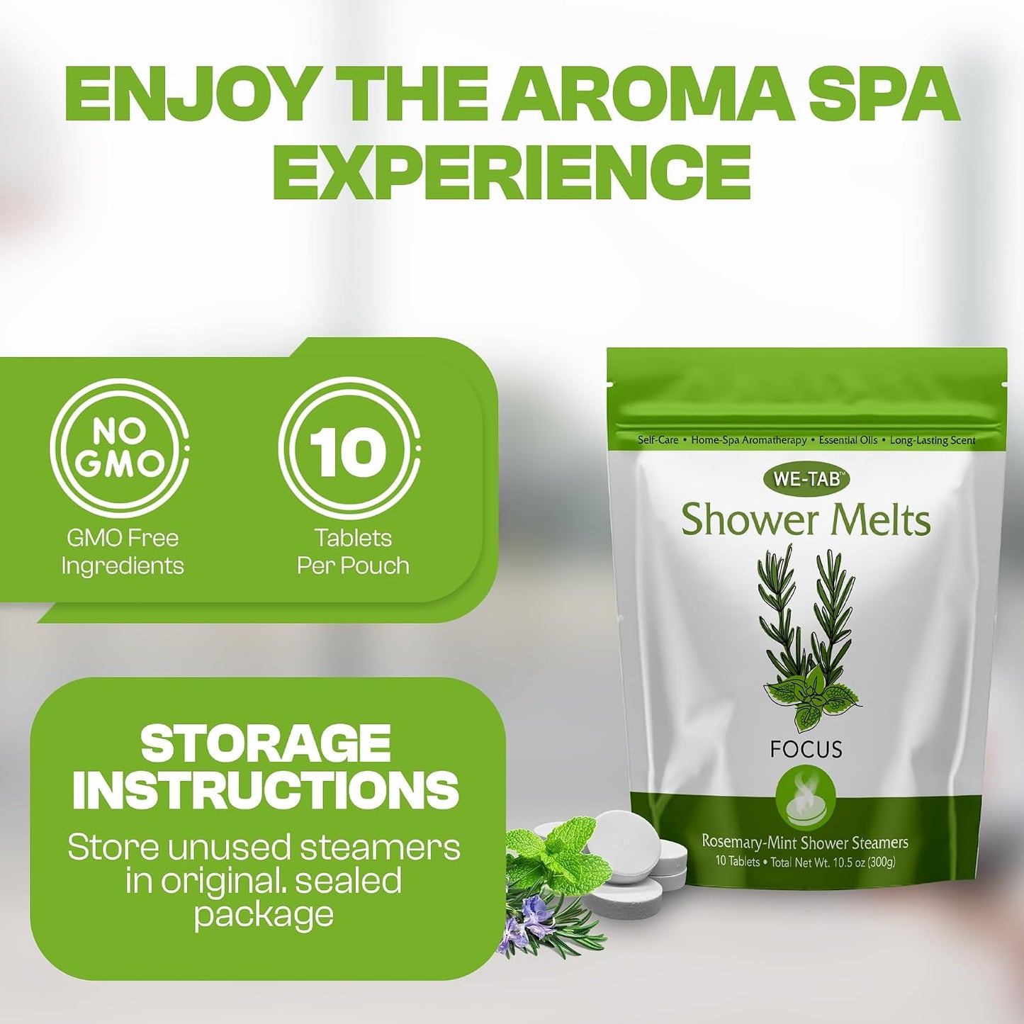 Shower Steamers 10-pk with Essential Oil Aromatherapy to Focus, Long Lasting Rosemary Mint Scent, No Stain or Artificial Dye, for Relaxation, Stress Relief & Self Care