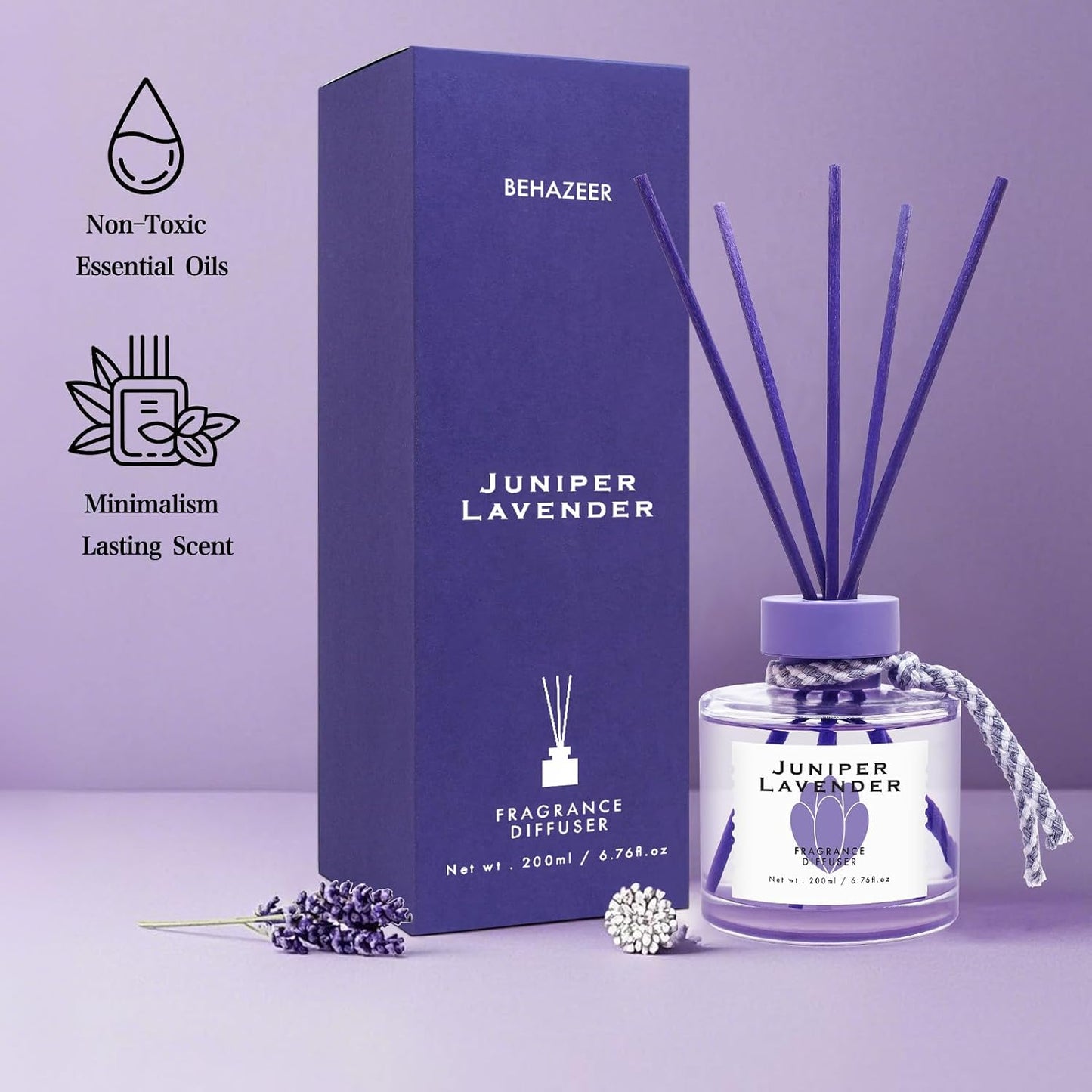 Juniper Lavender Reed Diffuser, 6.77OZ/200ML Large Capacity Natural Non-Toxic Oil, Long-Lasting Fragrance Reed Diffusers Set for Home and Bathroom, Aroma with 5 Reed Diffuser Sticks