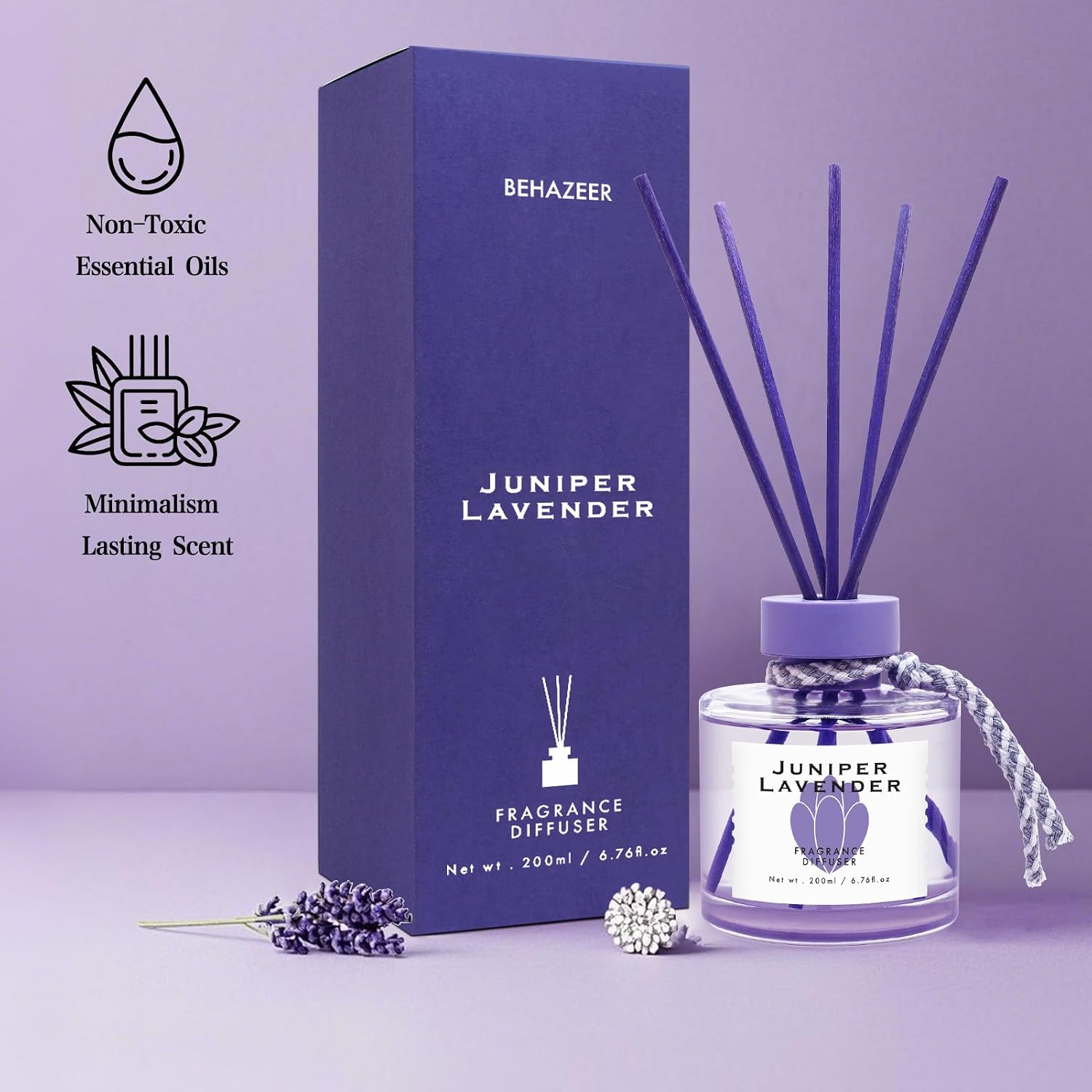 Juniper Lavender Reed Diffuser, 6.77OZ/200ML Large Capacity Natural Non-Toxic Oil, Long-Lasting Fragrance Reed Diffusers Set for Home and Bathroom, Aroma with 5 Reed Diffuser Sticks