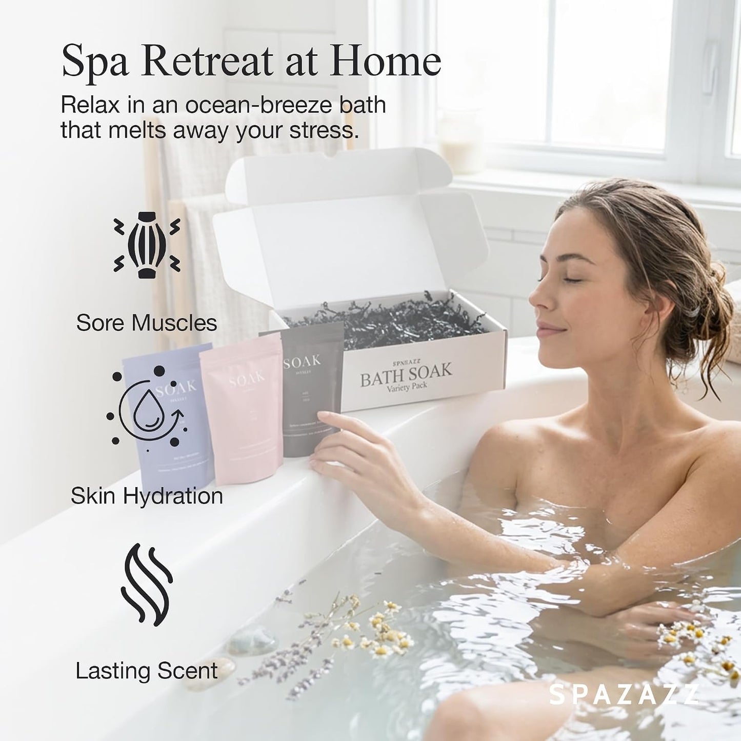 Spazazz Dead Sea Bath Salts with Magnesium & Arnica – Aromatherapy Mineral Bath Soak for Relaxation – 4oz Exotic Mahogany Rush, Silky Chamomile Ripple & Sea Blu Release with Bath Salt Scoop