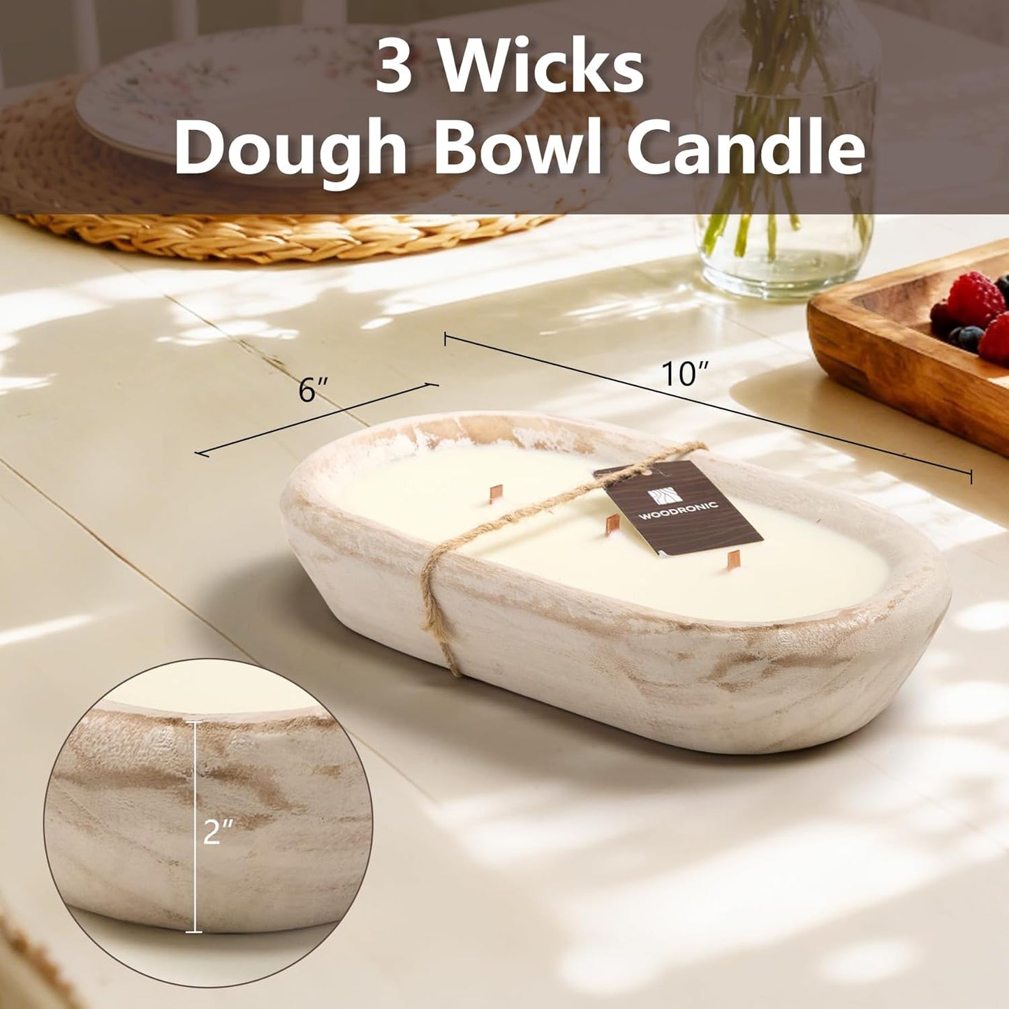 Woodronic 3 Wick Dough Bowl Candle, Vanilla Scented Sachet with White Wooden Bowl, 10 Inch Large Soy Wax Candle for Home Decor, Living Room, Bedroom, Perfect Gifts for Men & Women