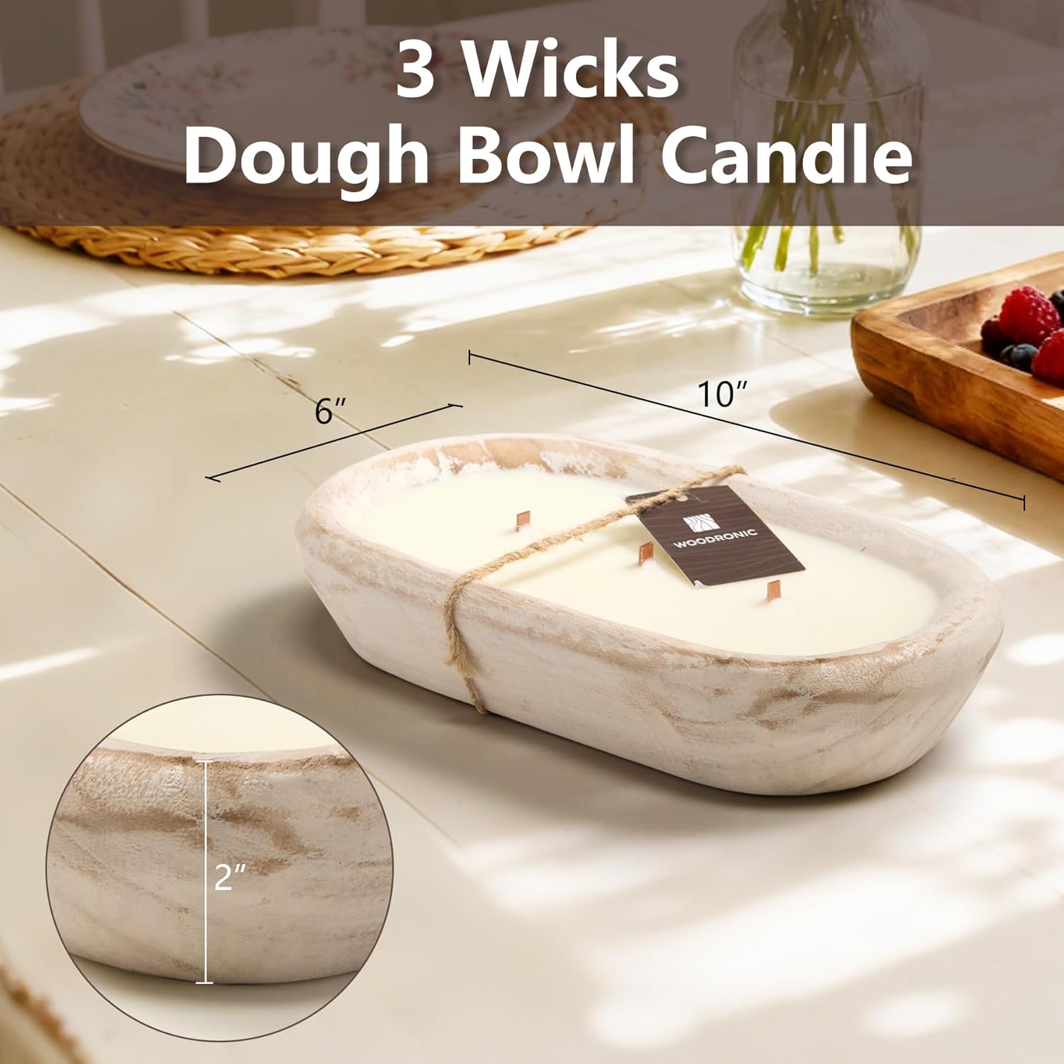 Woodronic 3 Wick Dough Bowl Candle, Vanilla Scented Sachet with White Wooden Bowl, 10 Inch Large Soy Wax Candle for Home Decor, Living Room, Bedroom, Perfect Gifts for Men & Women