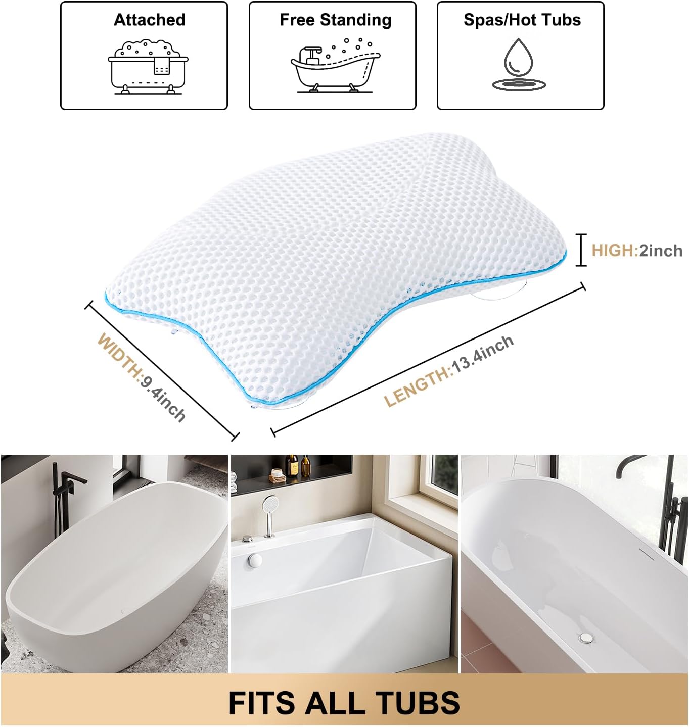 Non Slip Bath Pillow, Luxury Spa Bathtub Head & Neck Rest Support, Permeable Quick Drying Air Mesh Tub Pillow with 4 Large Suction Cups, Fits Any Tubs, Soft and Relaxing (White)