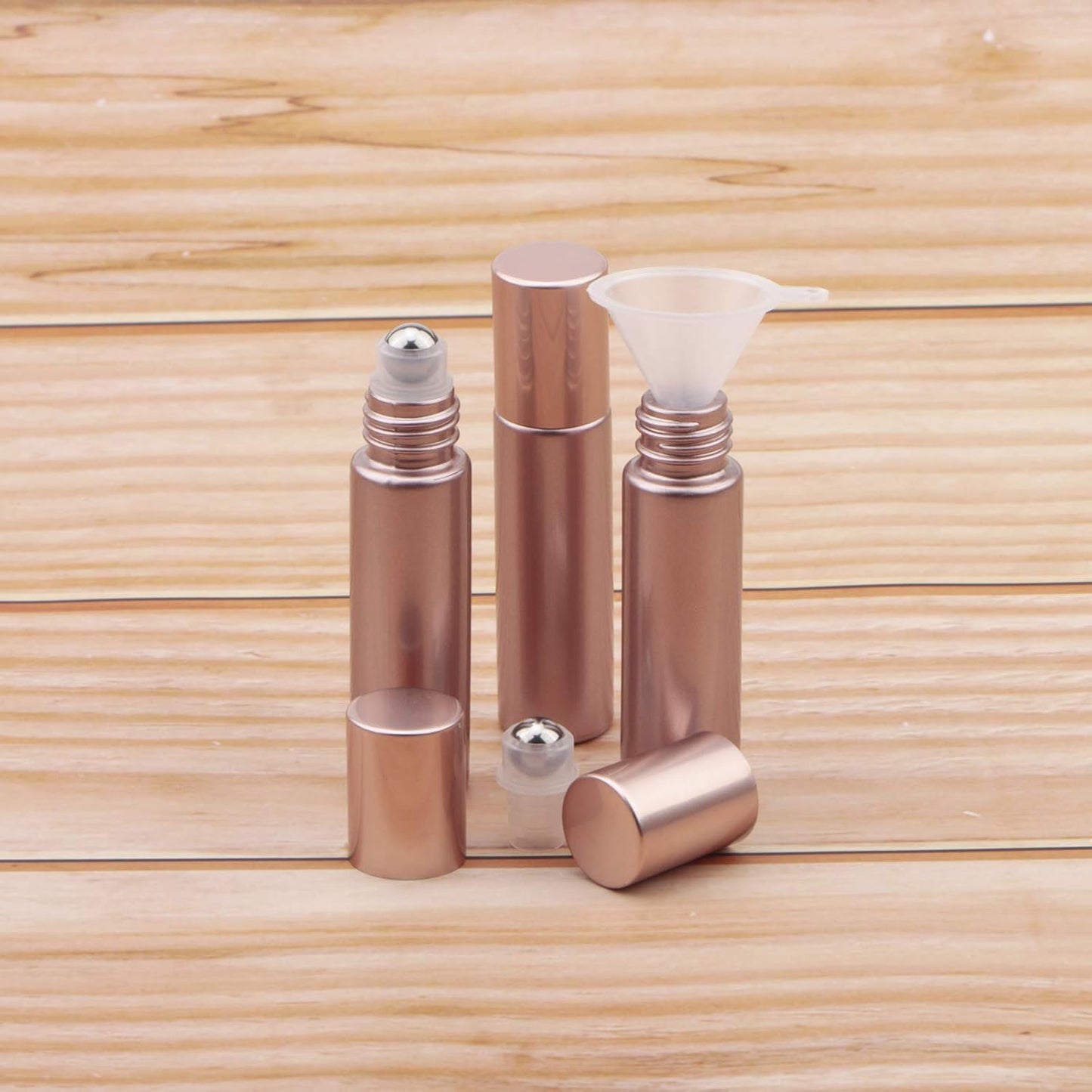 8Pcs 10ml Essential Oil Roller Bottles, 1/3 oz Refillable Roll On Vials with Funnels, Small Glass Containers with Stainless Steel Ball for Perfumes Aromatherapy Liquid, Matte Rose Gold