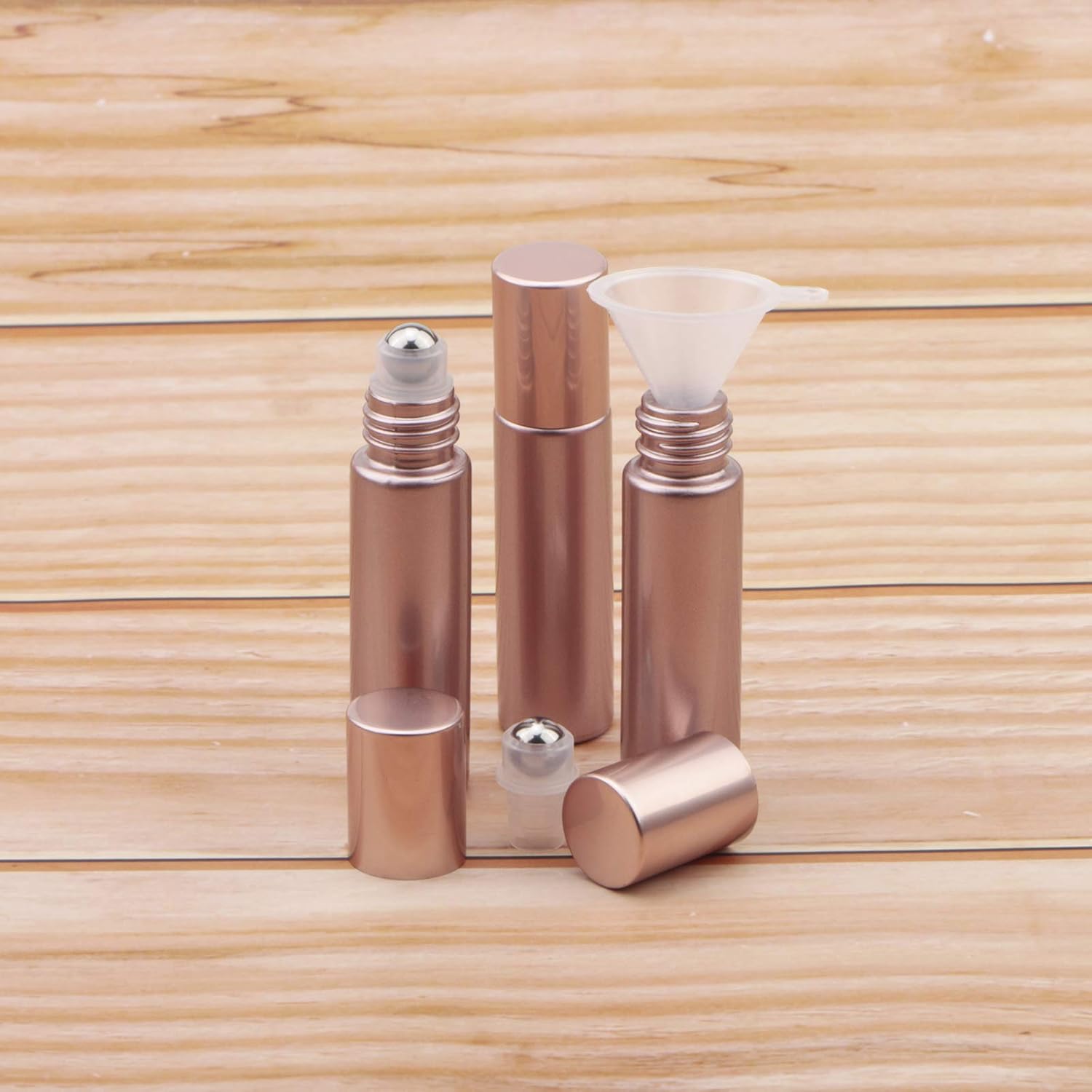 8Pcs 10ml Essential Oil Roller Bottles, 1/3 oz Refillable Roll On Vials with Funnels, Small Glass Containers with Stainless Steel Ball for Perfumes Aromatherapy Liquid, Matte Rose Gold