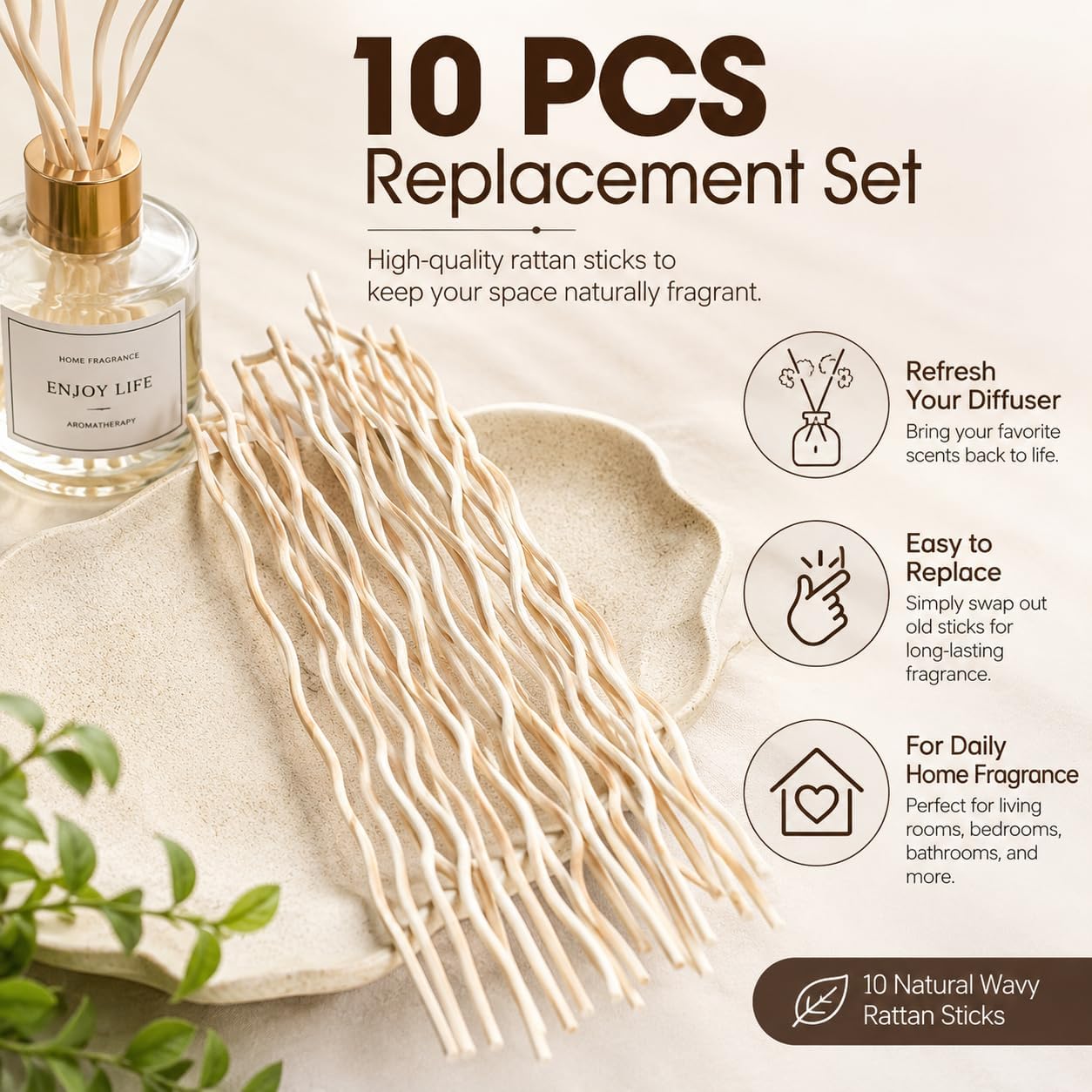 10Pcs Wavy Rattan Reed Diffuser Sticks, Natural Rattan Fragrance Aromatherapy Volatile Replacement Refill Essential Sticks (Black)