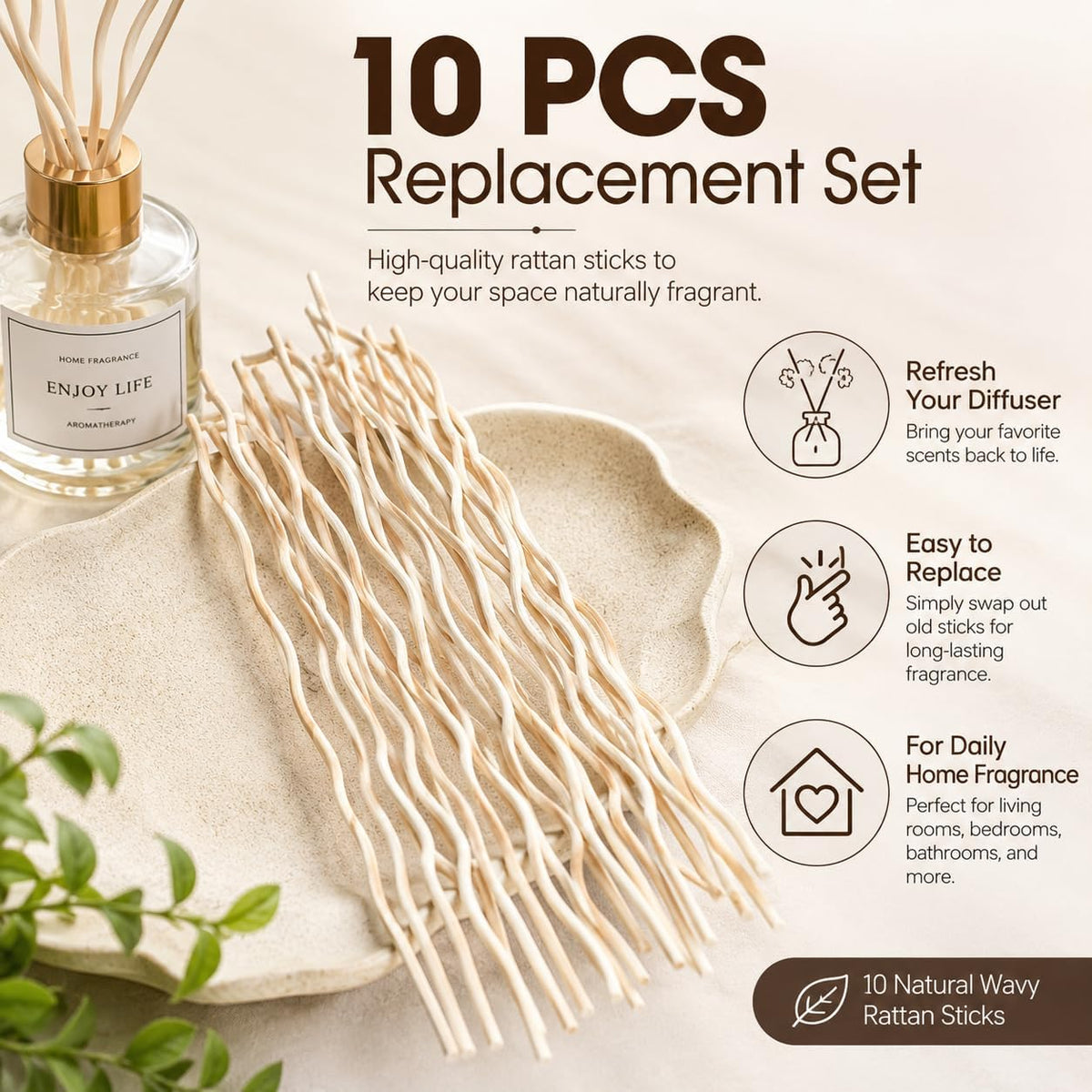 10Pcs Wavy Rattan Reed Diffuser Sticks, Natural Rattan Fragrance Aromatherapy Volatile Replacement Refill Essential Sticks (Brown)