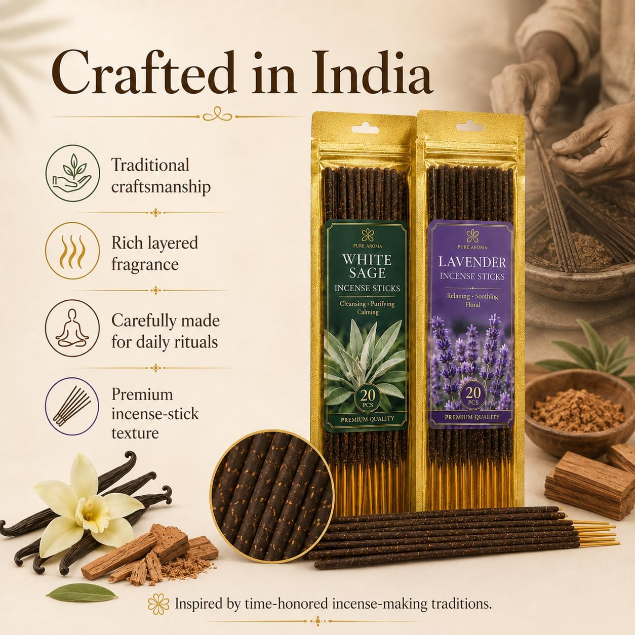 RAINFLOW White Sage Incense Sticks - 80 PCS Sandalwood Incense Sticks Natural,Lavender Vanilla Stick,4 Scents Without Incense Holder,Meditation Spiritual Cleansing Gift Set Indian Scented Style