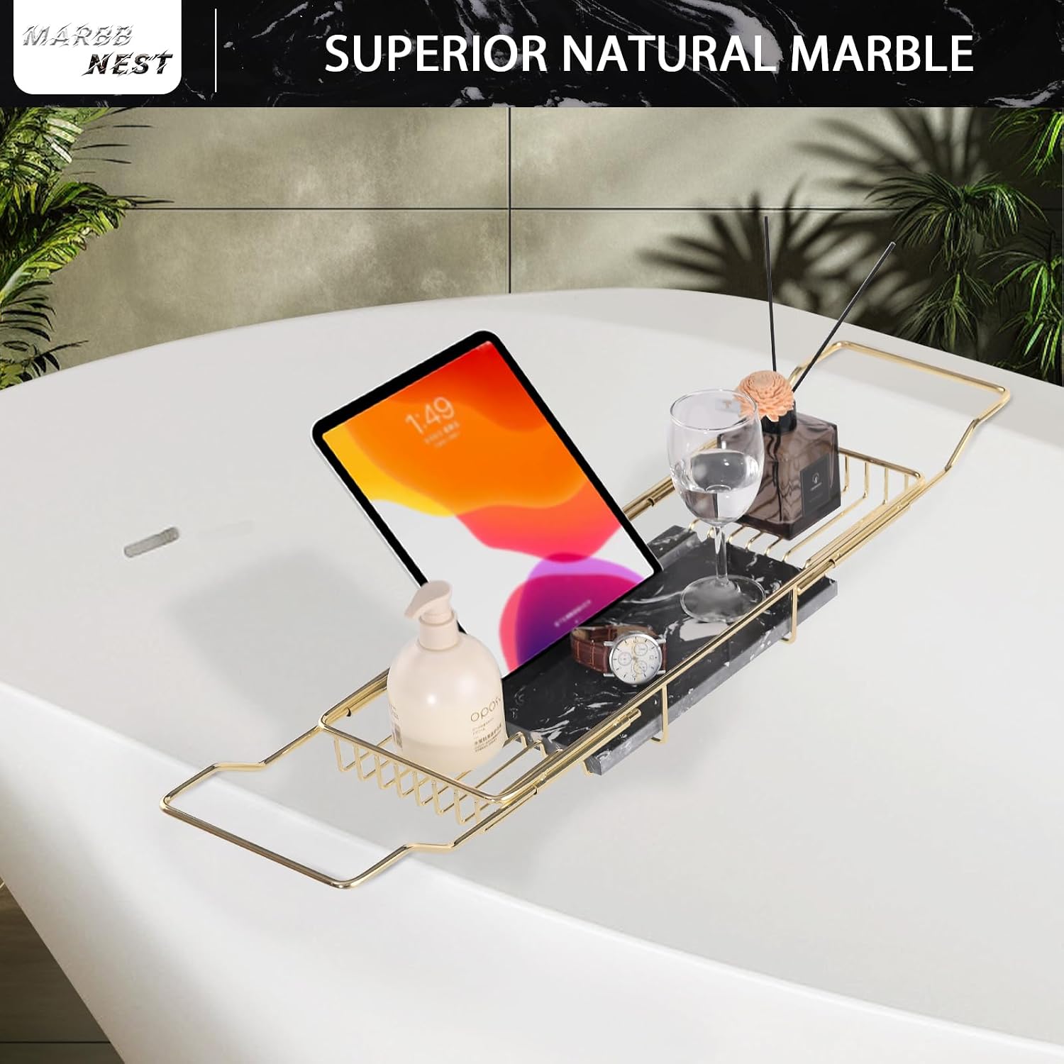 Bathtub Tray Caddy for Luxury Bath Expandable Extra Wide Bath Tub Tray with Natural Marble Tray and Mobile/Tablet Stand, Ideal for Home Spa Lovers (Gold + Black)