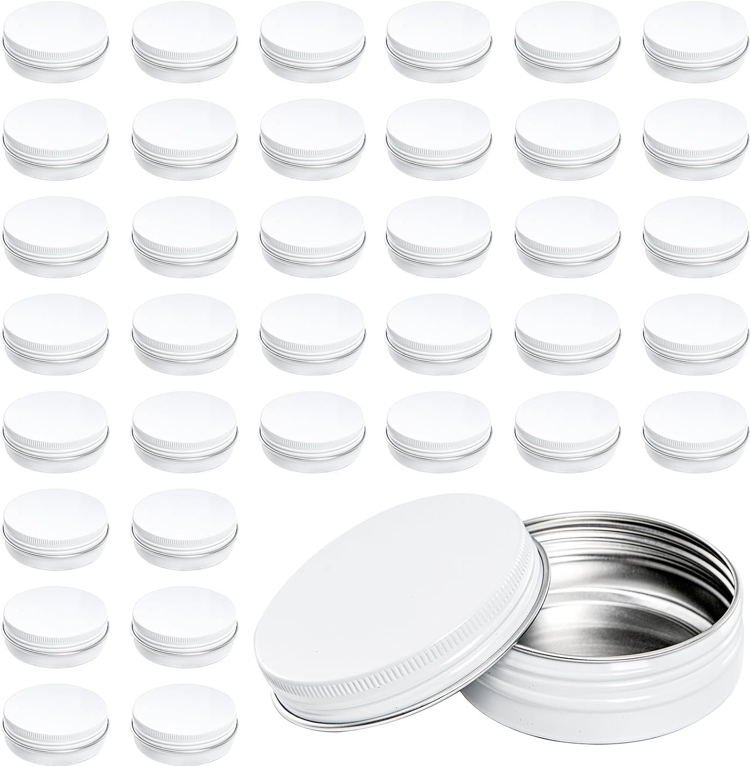 Foraineam 48 Pack 2 oz White Lip Balm Tin Cans, Aluminum Round Cosmetic Sample Containers with Screw Lid, Storage Travel Tin Jars Metal Empty Tins for Salve, Cream, Spices or Candles