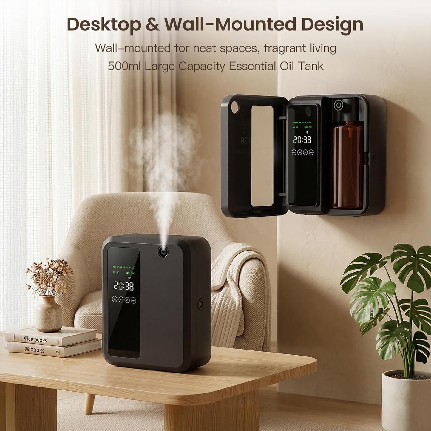 Waterless Essential Oil Diffuser for Large Room, 500ml Hotel Scent Diffuser, Cold Air Scent Machine, Covers Up to 3500 Sq Ft, Smart App Control, Wall Mounted, Fragrance Diffuser for Office Spa Home
