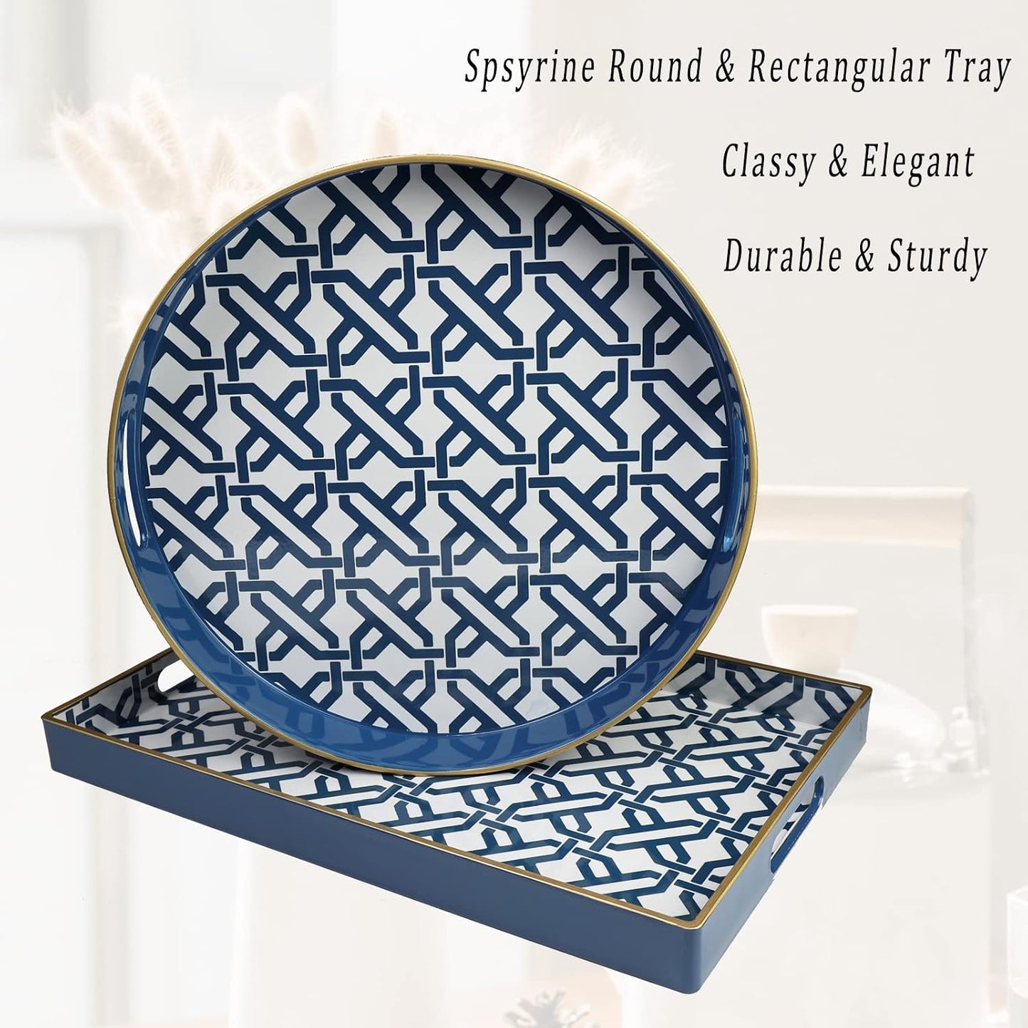 Spsyrine Round Decorative Tray, Plastic Serving Table Tray with Handles for Ottoman, Coffee Table, Bathroom, Kitchen, Living Room, White