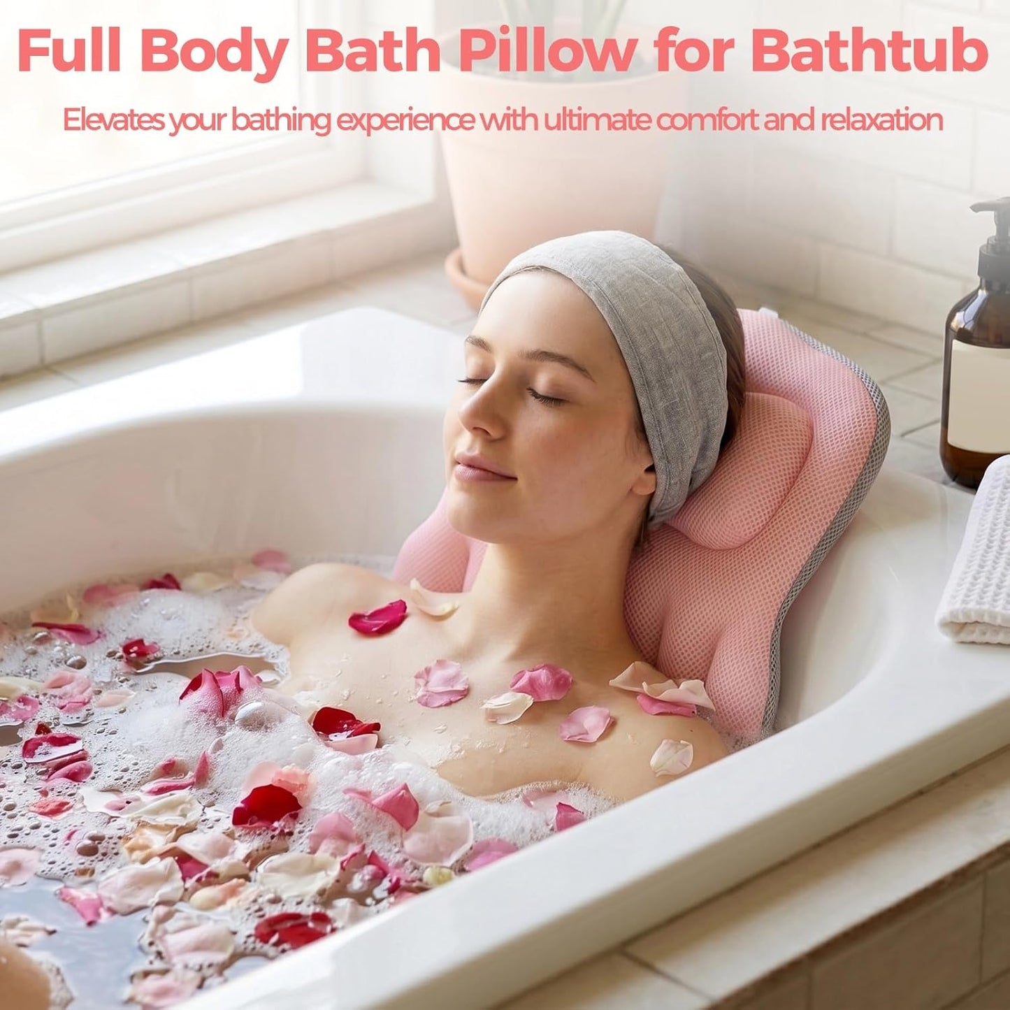 Full Body Bath Pillow for Bathtub, 4D Pink Bathtub Pillow with Non-Skid Suction Cups, Multi-Layer Mesh Breathable Cushion for Head, Back, Waist, and Hip Support