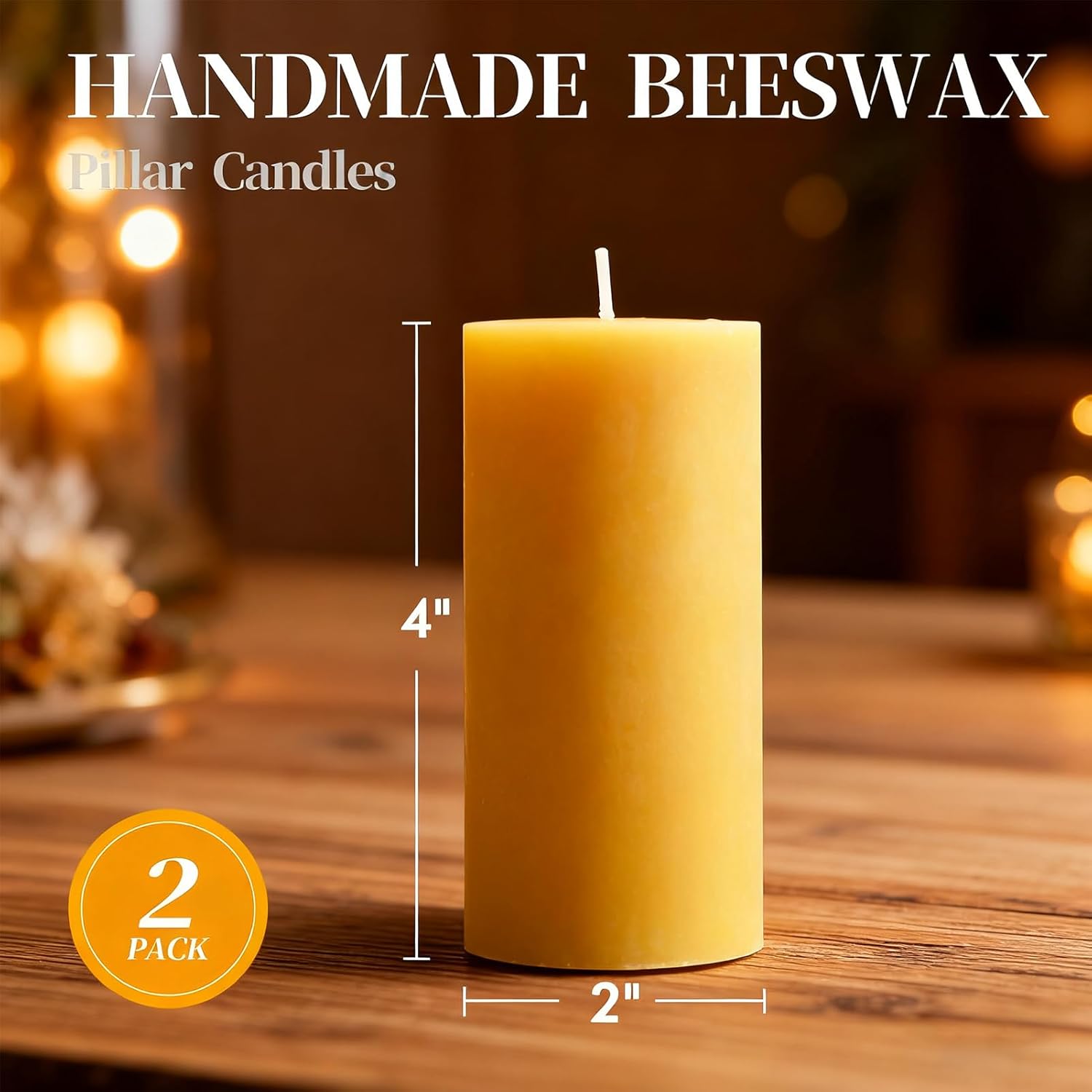 Beeswax Pillar Candles Set of 2, 70 Hours Long Burning, 100% Natural Beeswax Candles for Emergency, Pure Bees Wax for Home, Smokeless & Dripless