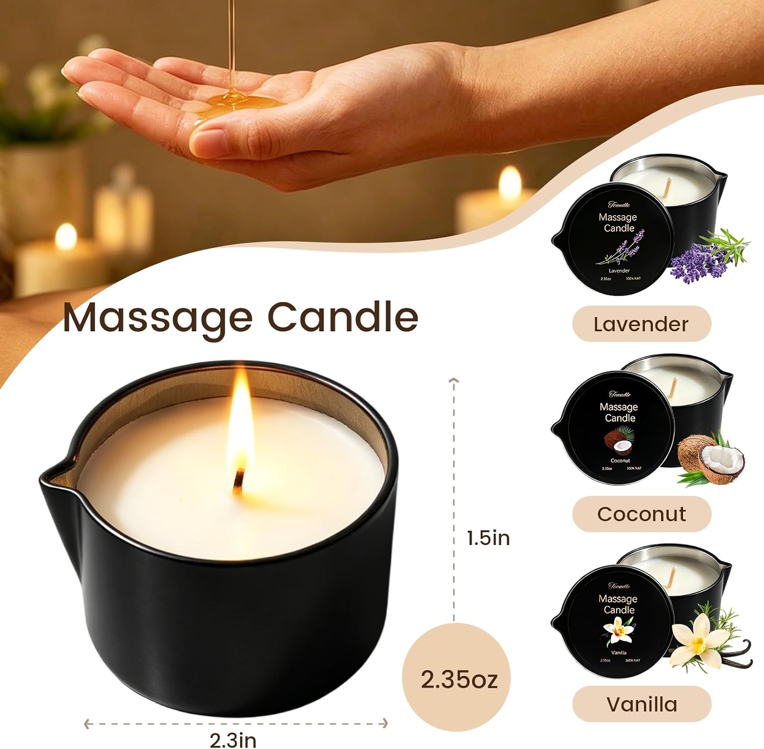 3 Pack Low Temperature Massage Candle Set，Moisturising Body Oil Candles for Stress Relief Massage Therapy and Home SPA,Natural Soy Wax Blend with Lavender,Vanilla & Coconut,2.35 oz Each