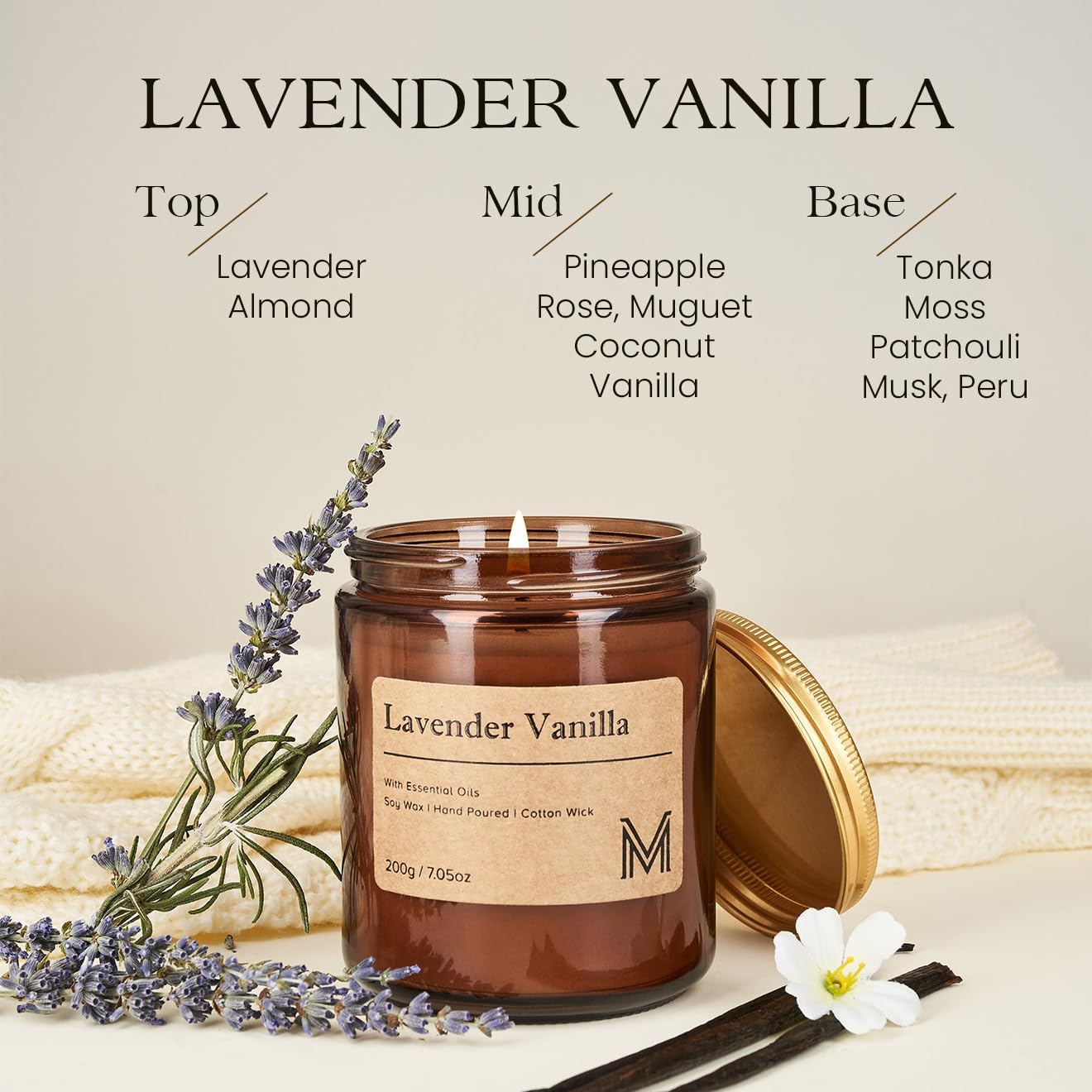 M&SENSE Lavender Vanilla Scented Small Candle, 7.5Oz Aromatherapy Candle for Home Fragrance, Soy Wax Candles Gift for Birthday, Housewarming, Amber Jar Candle for Stress Relief, Meditation, Yoga