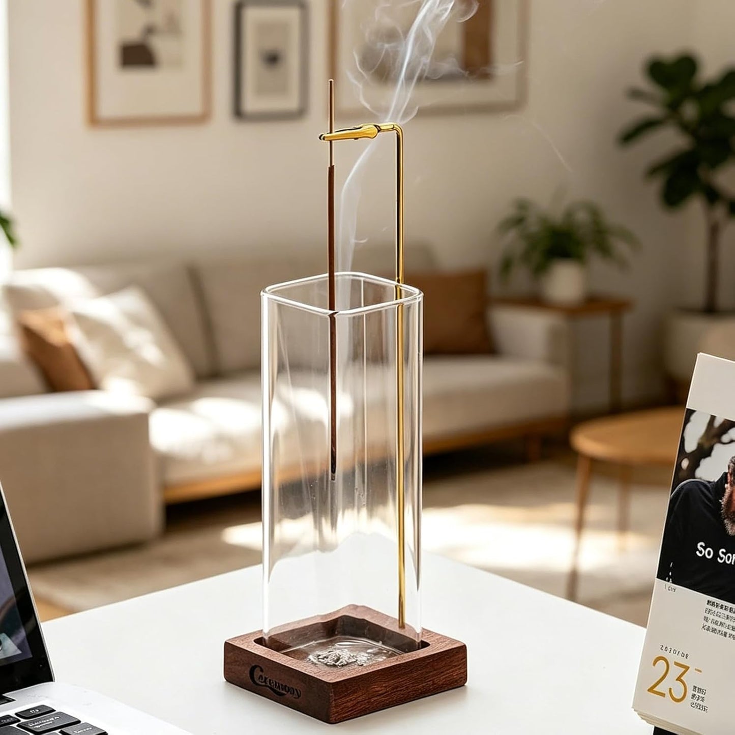 Ceremony Incense Holder, Wooden Incense Holder for Sticks with Glass Ash Catcher, Anti-ash Incense Burner with 20 Incense Sticks and a Ash Brush for Meditation Yoga Spa Room Decor