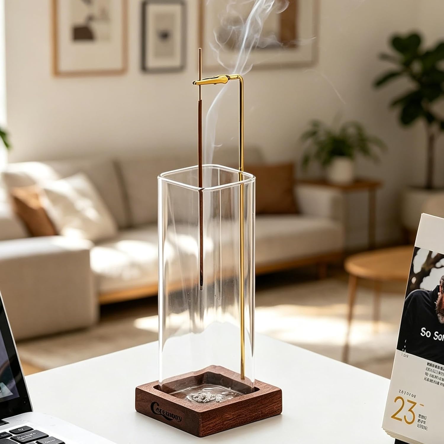 Ceremony Incense Holder, Wooden Incense Holder for Sticks with Glass Ash Catcher, Anti-ash Incense Burner with 20 Incense Sticks and a Ash Brush for Meditation Yoga Spa Room Decor