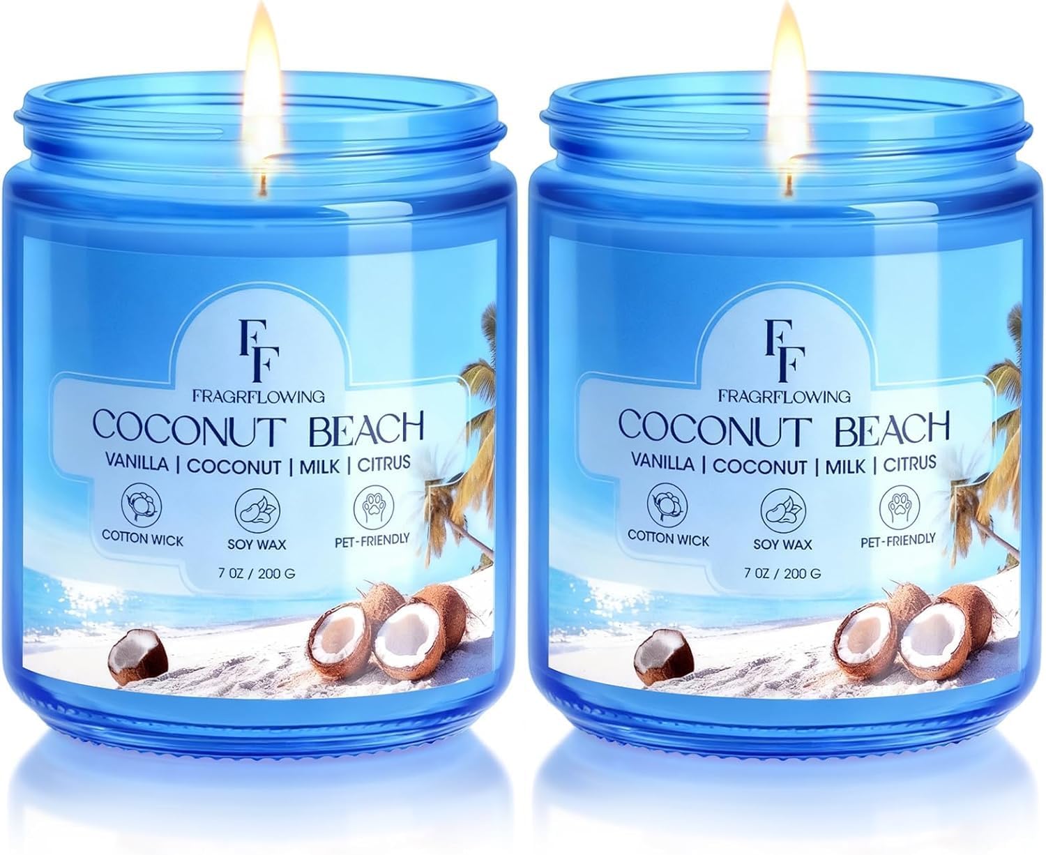 Coconut Beach Scented Candle, Natural Soy Wax Jar Candle for Home Scented, 100-Hour Burn Time Gifts for Women Men, 7 oz (2 Pack)