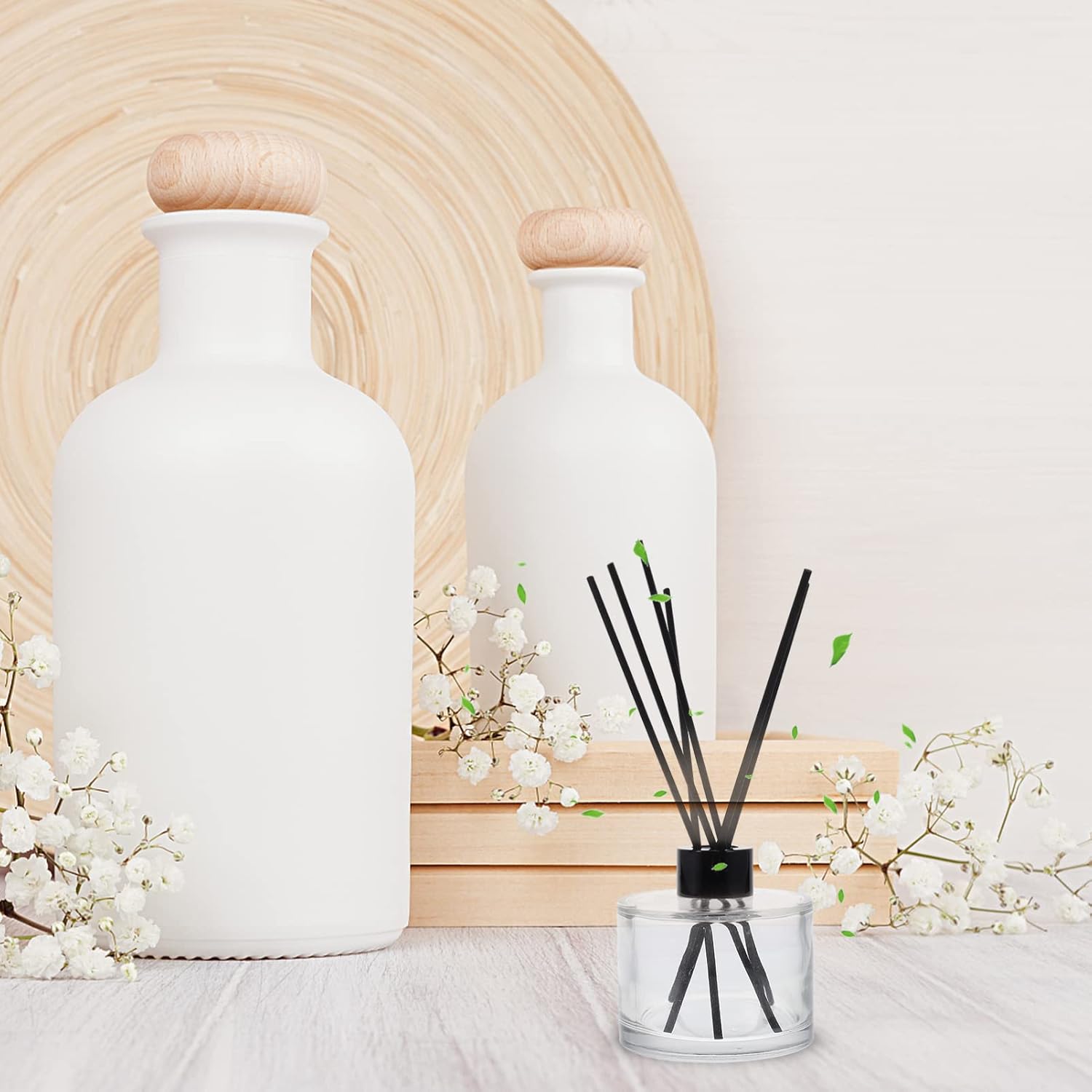 1set Glass Bottles Reed Diffuser Bottle Black Rattan Sticks Refillable Perfume Diffuser for Home Car Living Room Decor and Spa